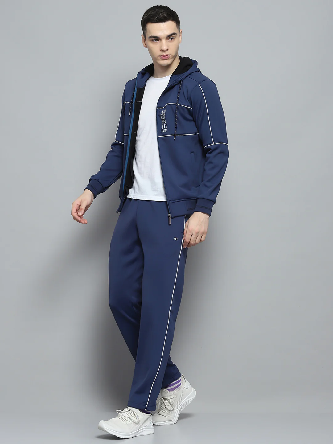 Men Blue Printed Hooded Full Sleeve Winter Tracksuit - Image 2