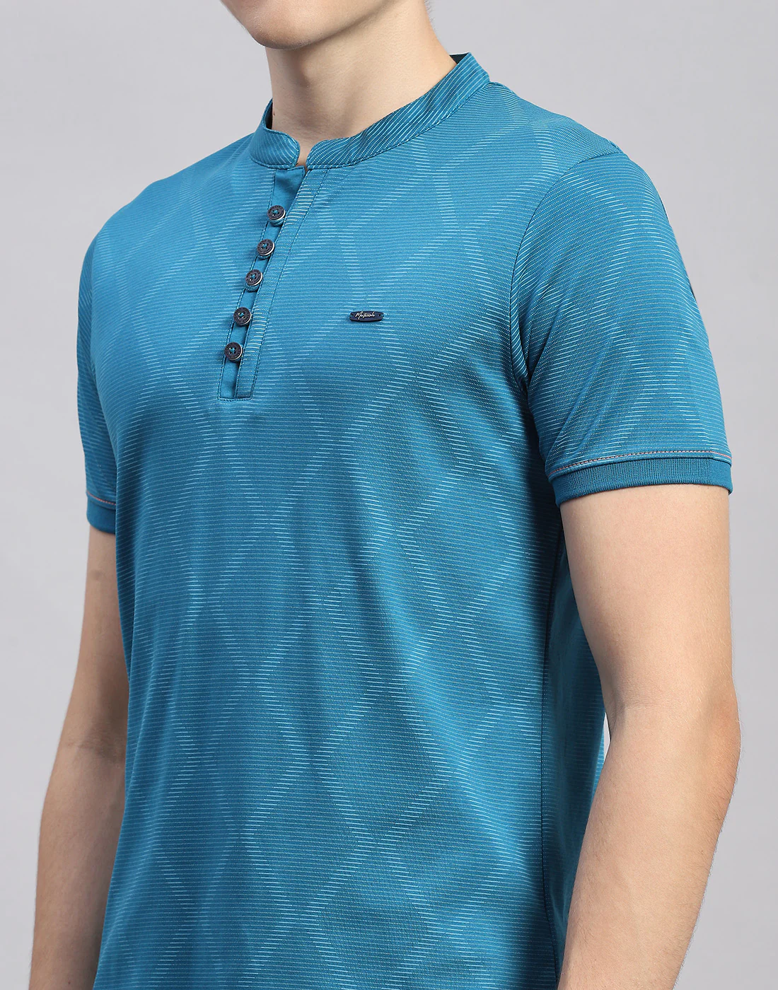 Men Blue Printed Mandarin Neck Half Sleeve T-Shirt - Image 6