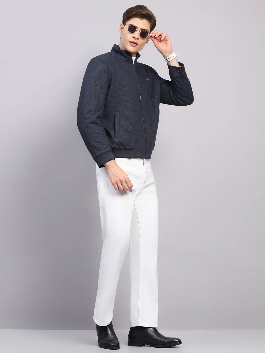Men Blue Printed Mock Neck Full Sleeve Jacket - Image 2