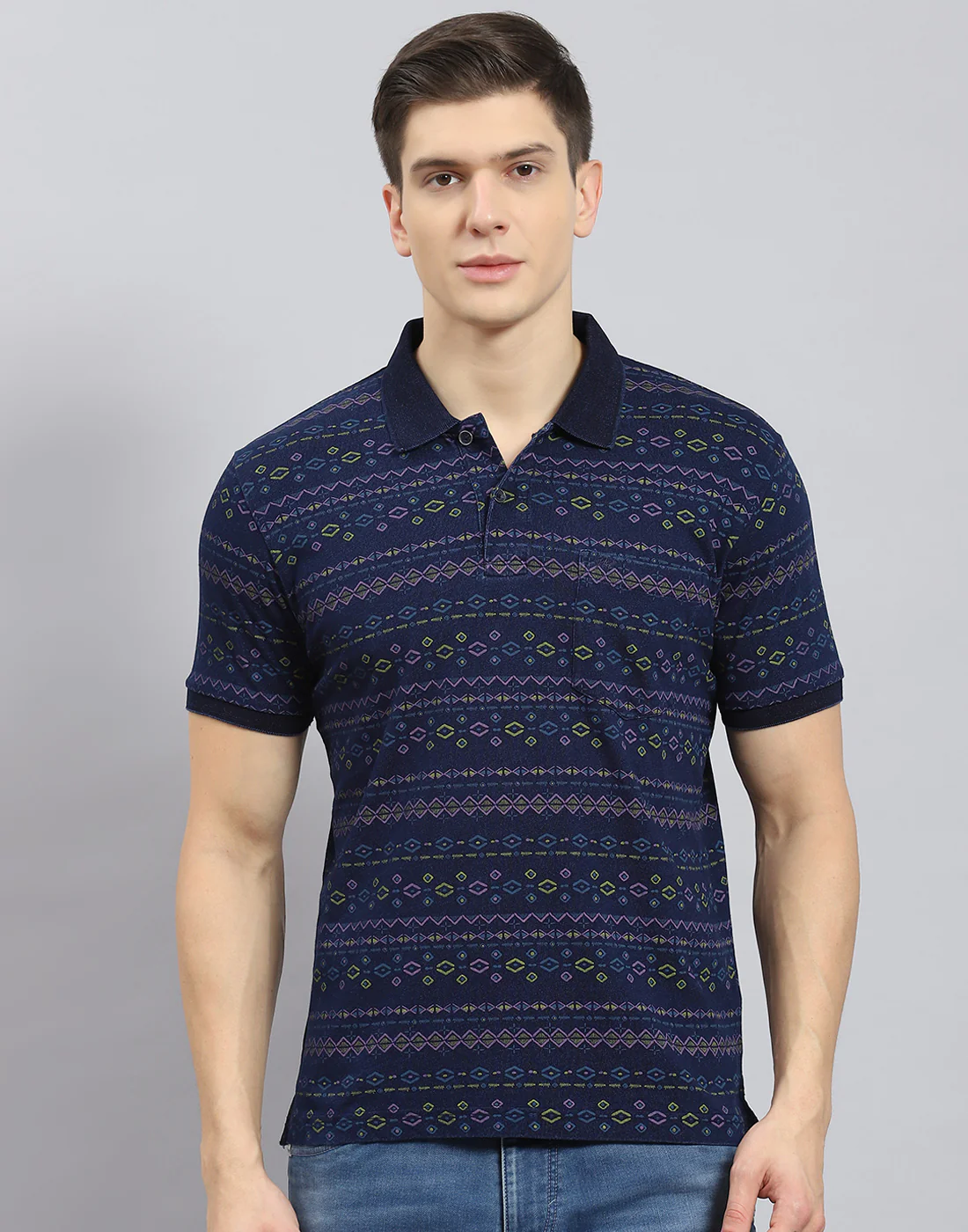 Men Blue Printed Polo Collar Half Sleeve T-Shirt - Image 3