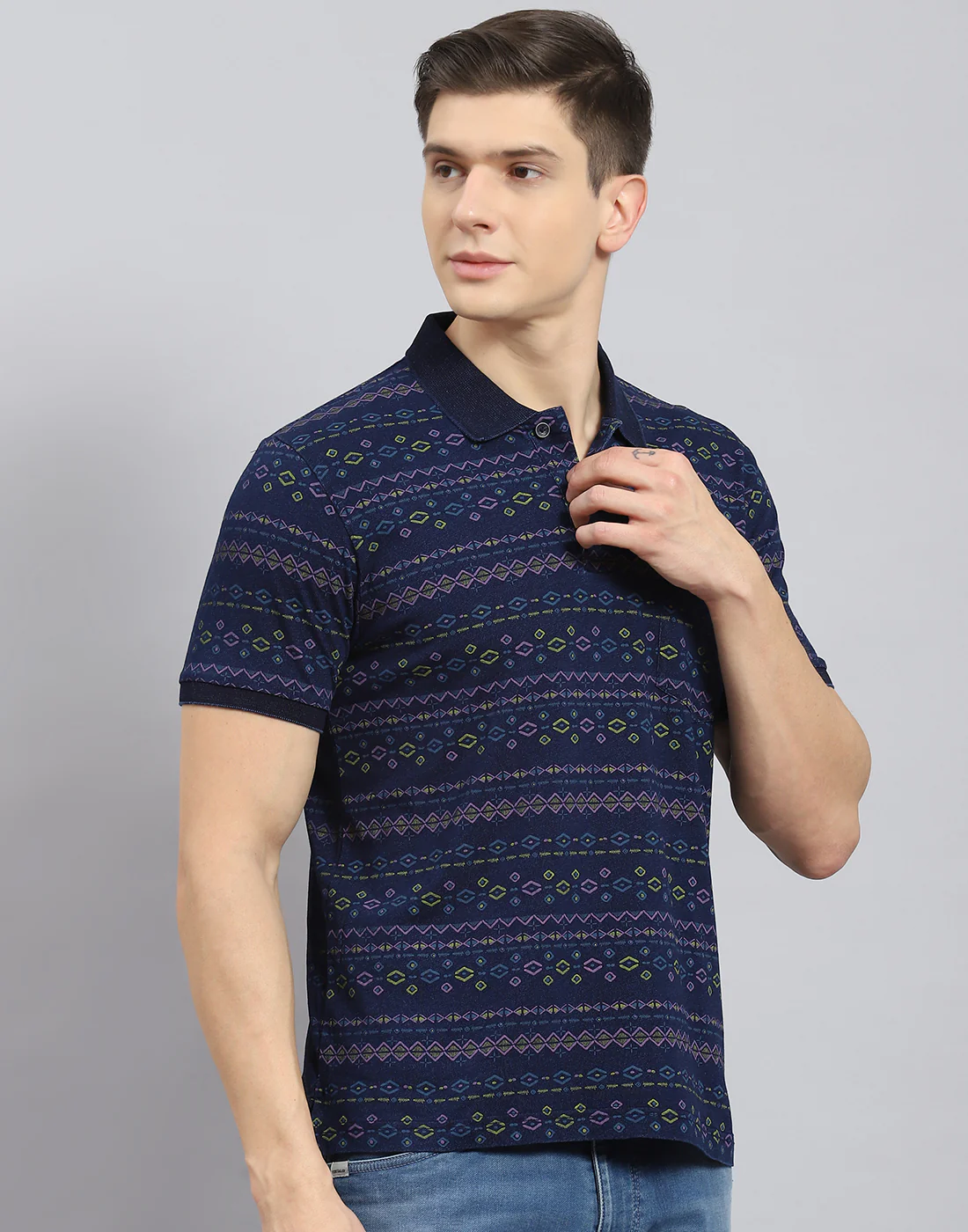 Men Blue Printed Polo Collar Half Sleeve T-Shirt - Image 6