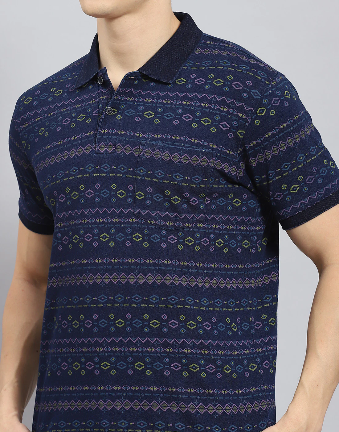 Men Blue Printed Polo Collar Half Sleeve T-Shirt - Image 8