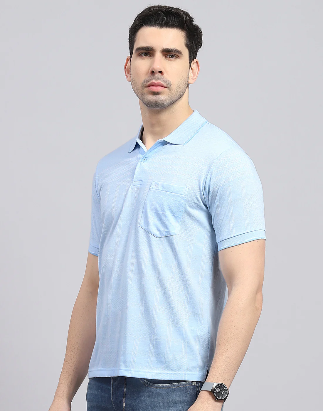 Men Blue Printed Polo Collar Half Sleeve T-Shirt - Image 4