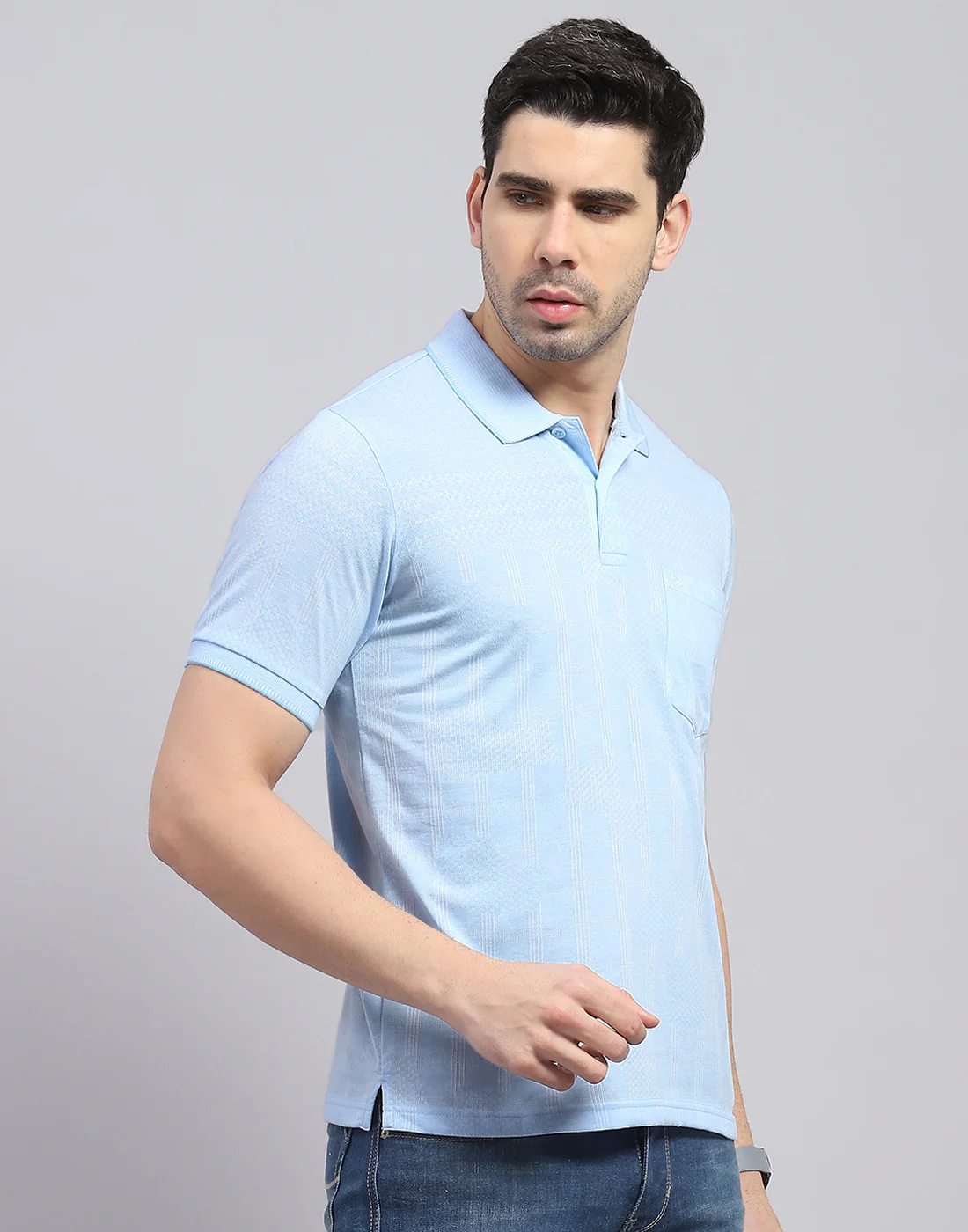 Men Blue Printed Polo Collar Half Sleeve T-Shirt - Image 5