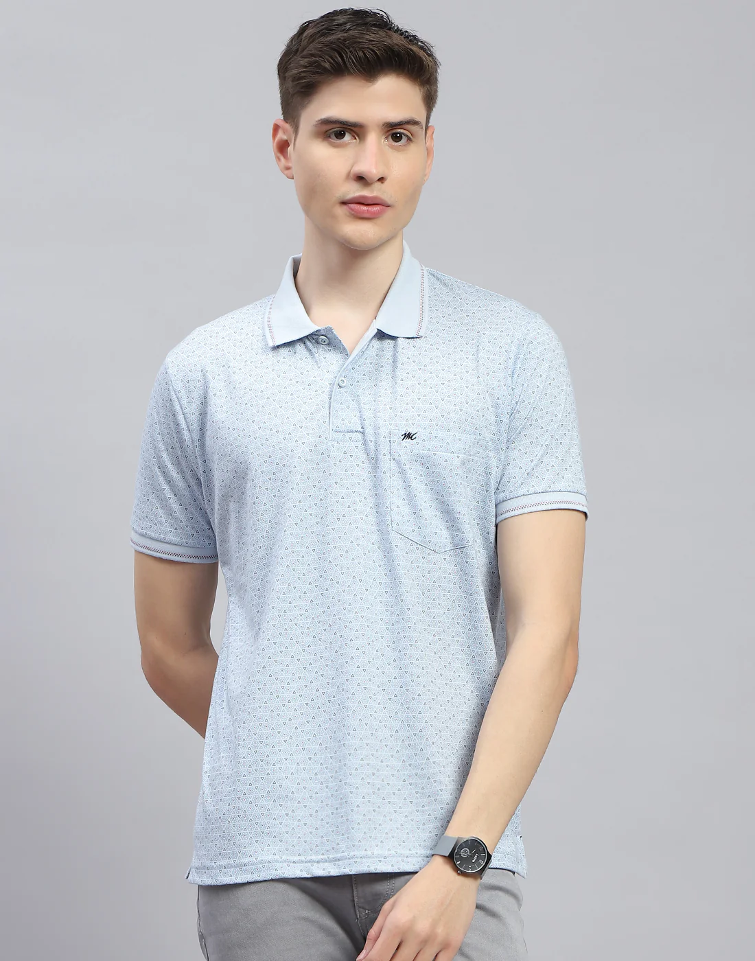 Men Blue Printed Polo Collar Half Sleeve T-Shirt - Image 3