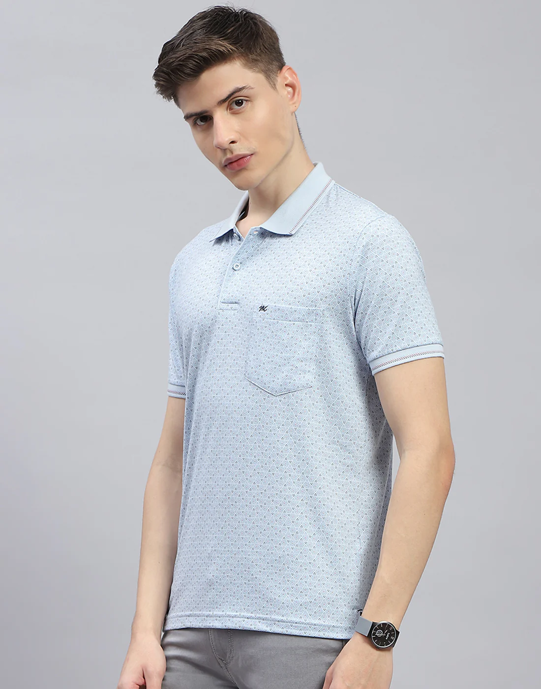 Men Blue Printed Polo Collar Half Sleeve T-Shirt - Image 4