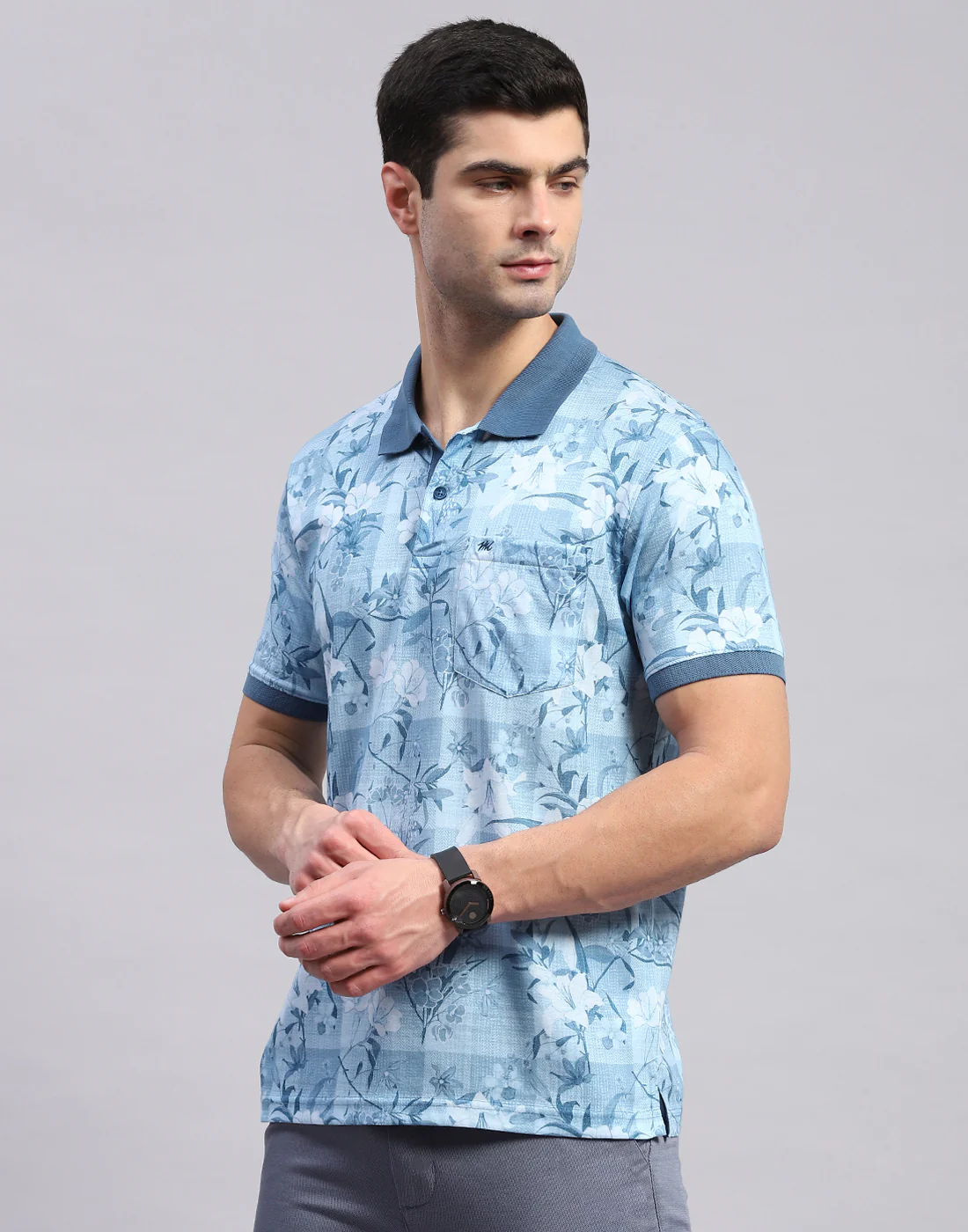 Men Blue Printed Polo Collar Half Sleeve T-Shirt - Image 3
