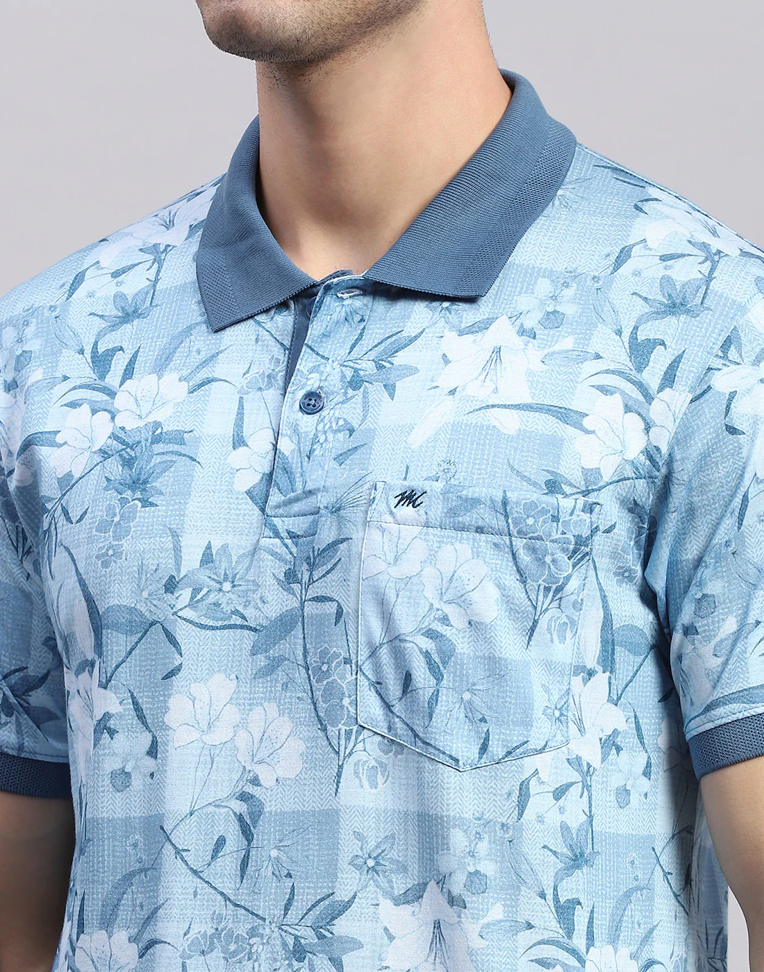 Men Blue Printed Polo Collar Half Sleeve T-Shirt - Image 6