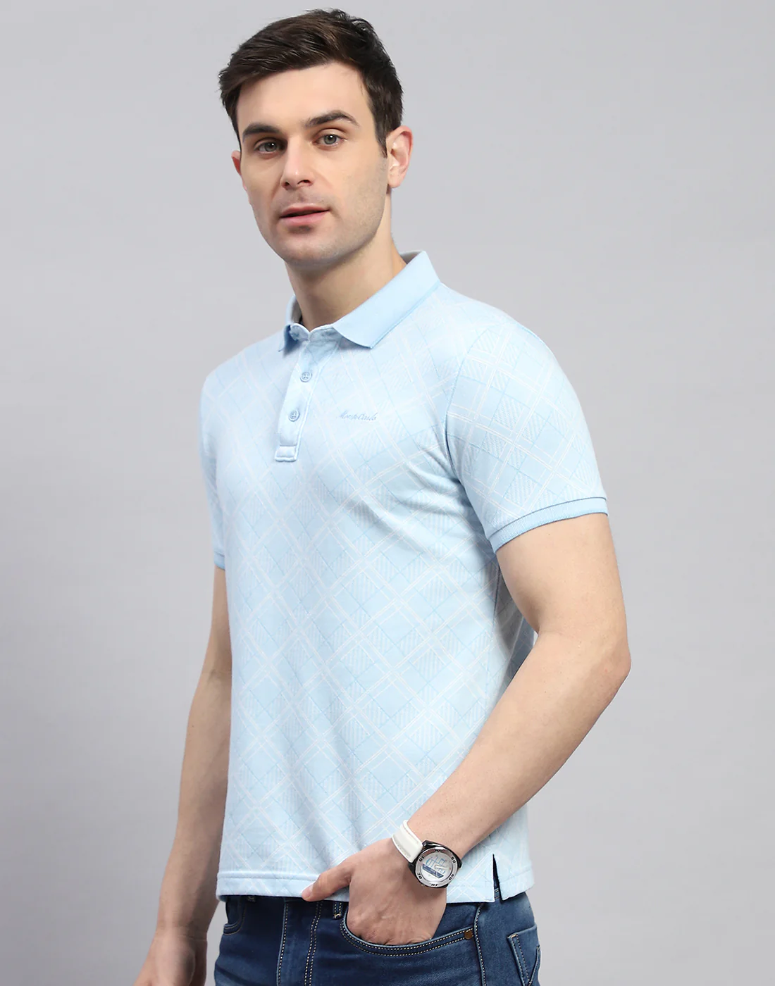 Men Blue Printed Polo Collar Half Sleeve T-Shirt - Image 3
