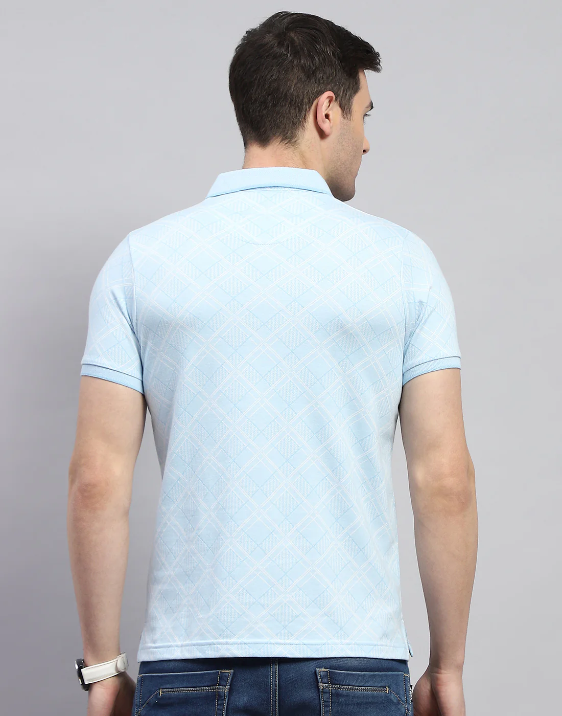 Men Blue Printed Polo Collar Half Sleeve T-Shirt - Image 5
