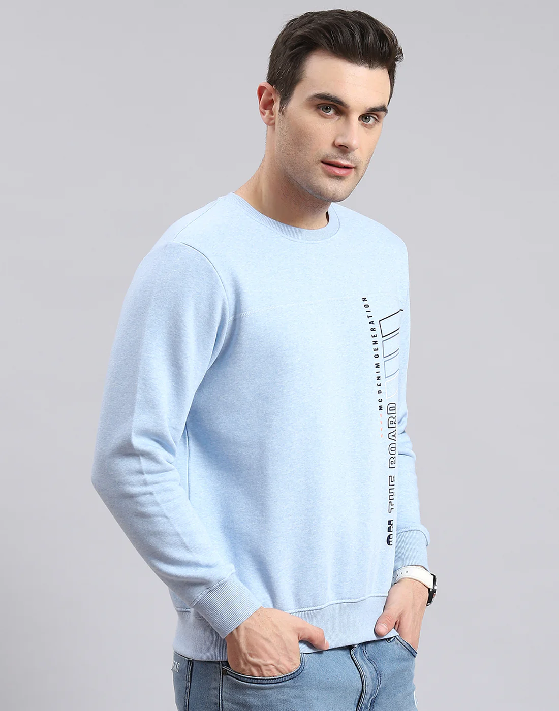 Men Blue Printed Round Neck Full Sleeve Sweatshirt - Image 4
