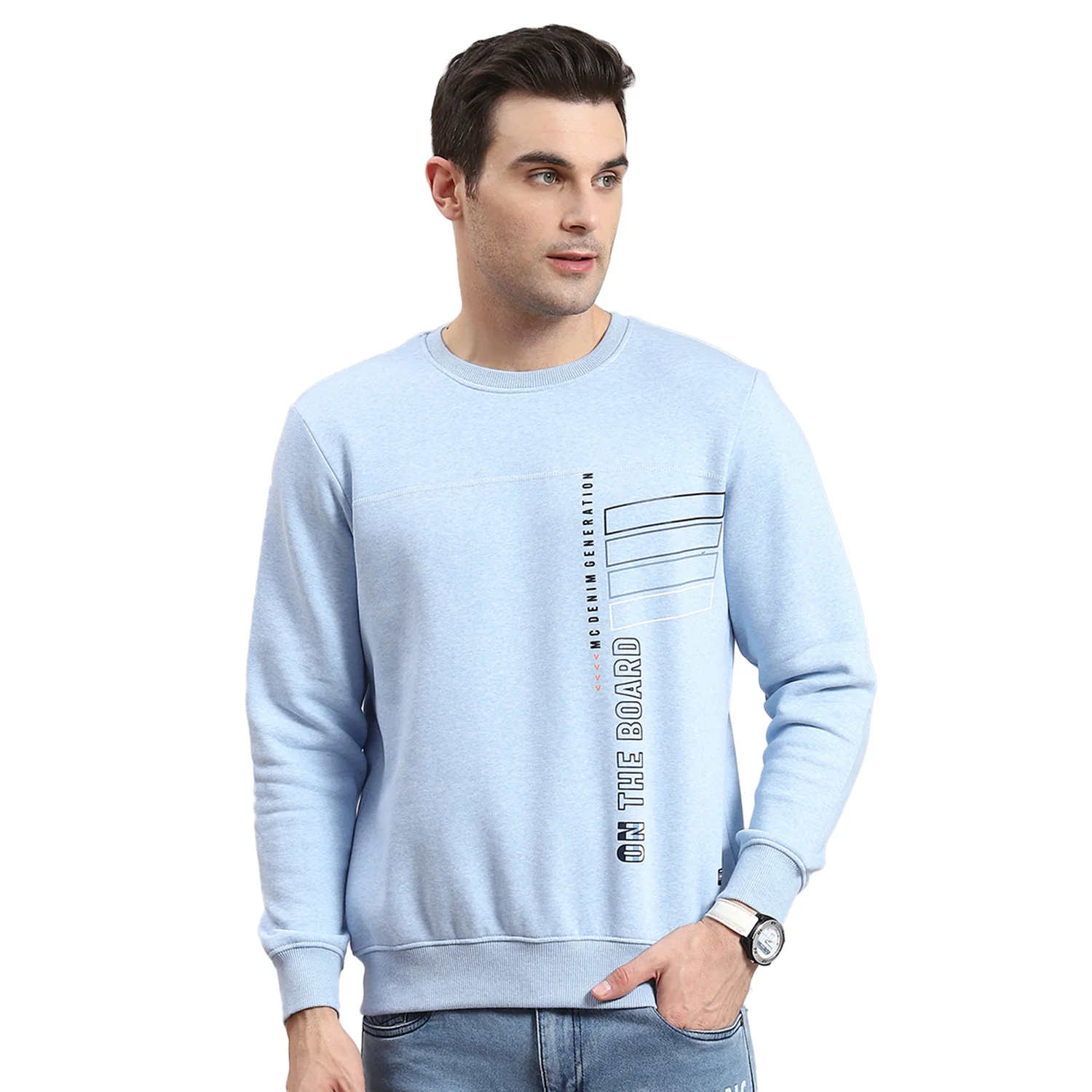 Men Blue Printed Round Neck Full Sleeve Sweatshirt - Image 5