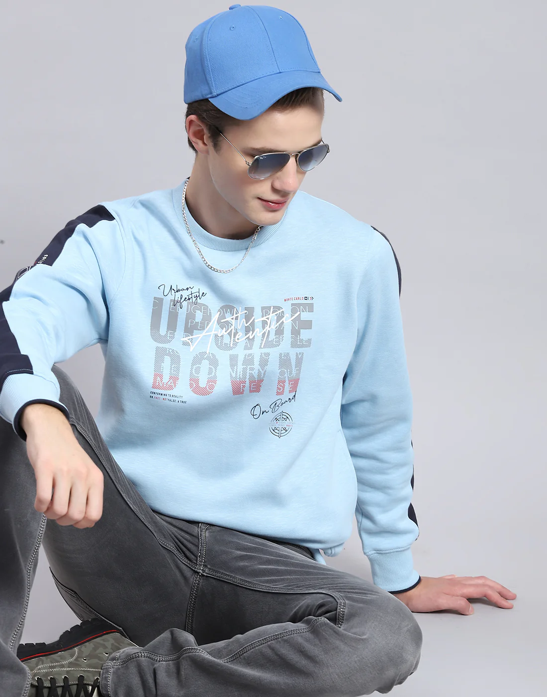 Men Blue Printed Round Neck Full Sleeve Sweatshirt - Image 6