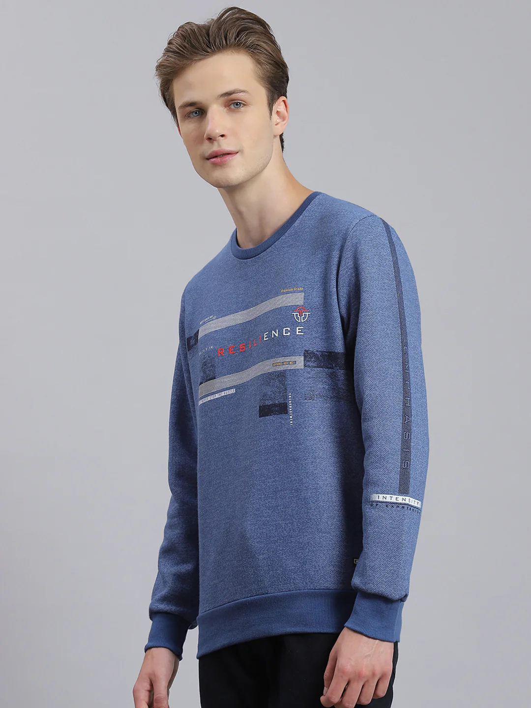 Men Blue Printed Round Neck Full Sleeve Sweatshirt - Image 2