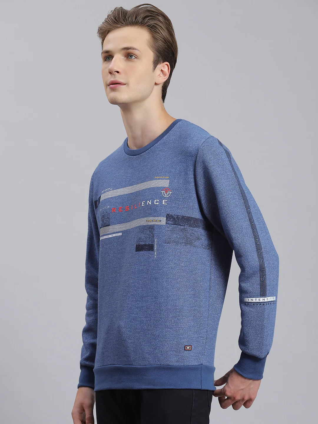 Men Blue Printed Round Neck Full Sleeve Sweatshirt - Image 3
