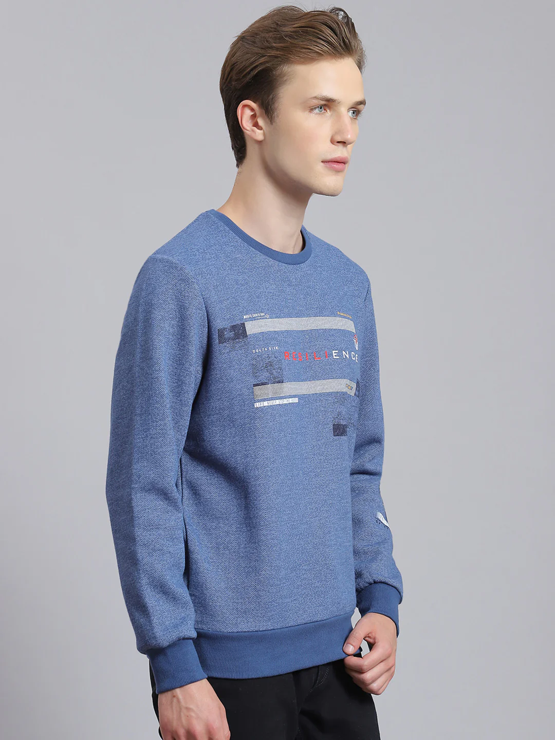 Men Blue Printed Round Neck Full Sleeve Sweatshirt - Image 4