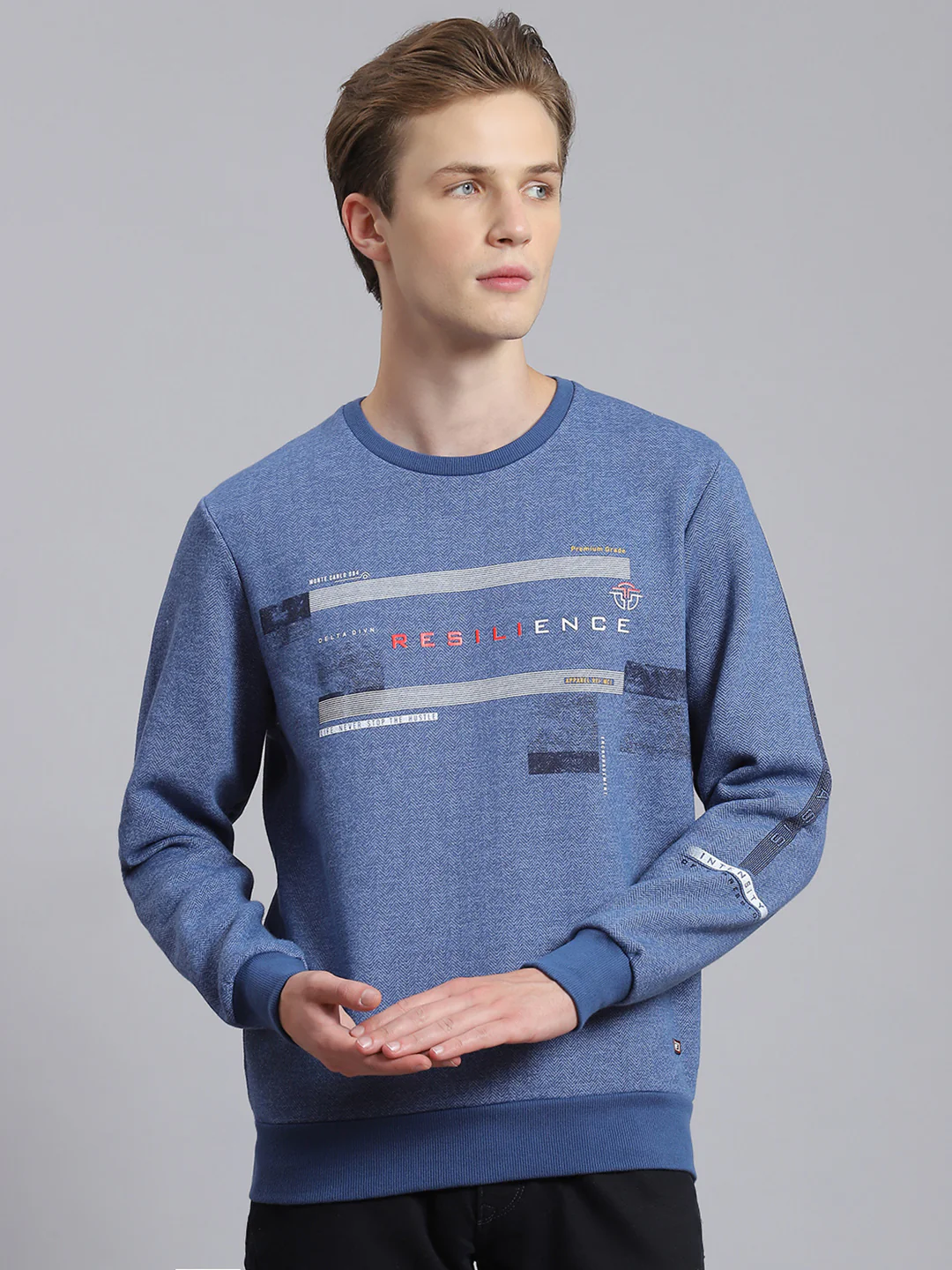 Men Blue Printed Round Neck Full Sleeve Sweatshirt - Image 5