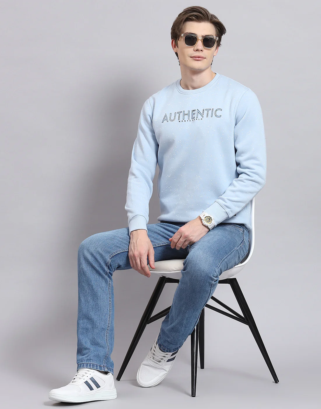 Men Blue Printed Round Neck Full Sleeve Sweatshirt - Image 2