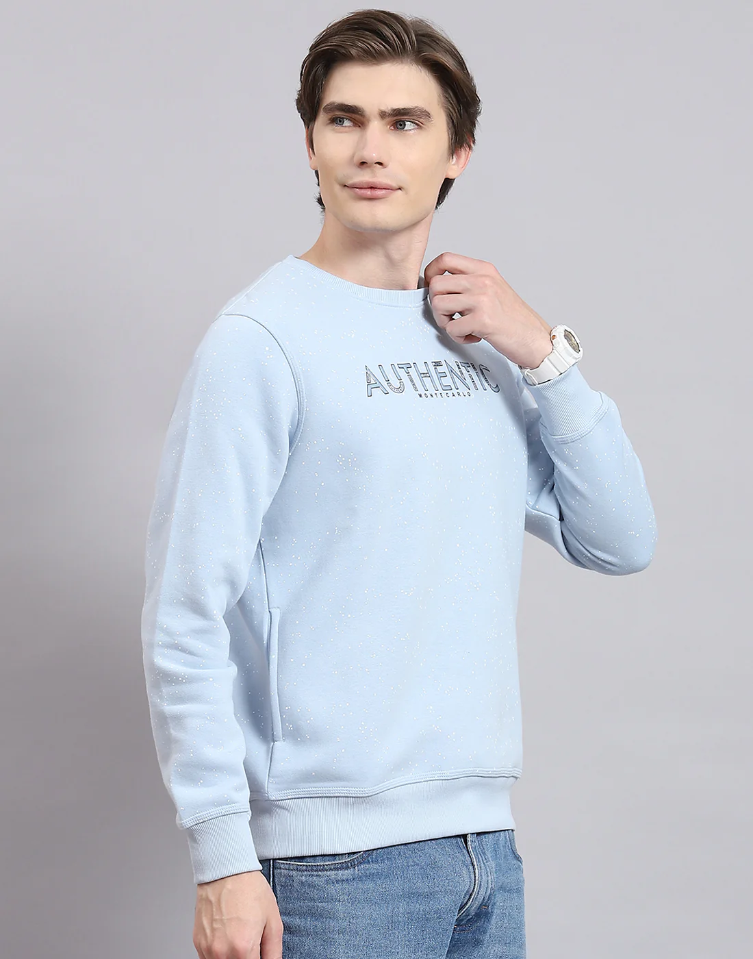 Men Blue Printed Round Neck Full Sleeve Sweatshirt - Image 4