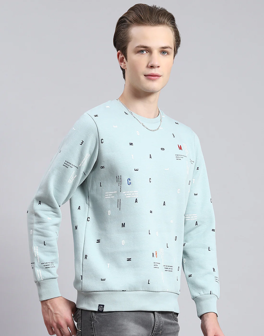 Men Blue Printed Round Neck Full Sleeve Sweatshirt - Image 4