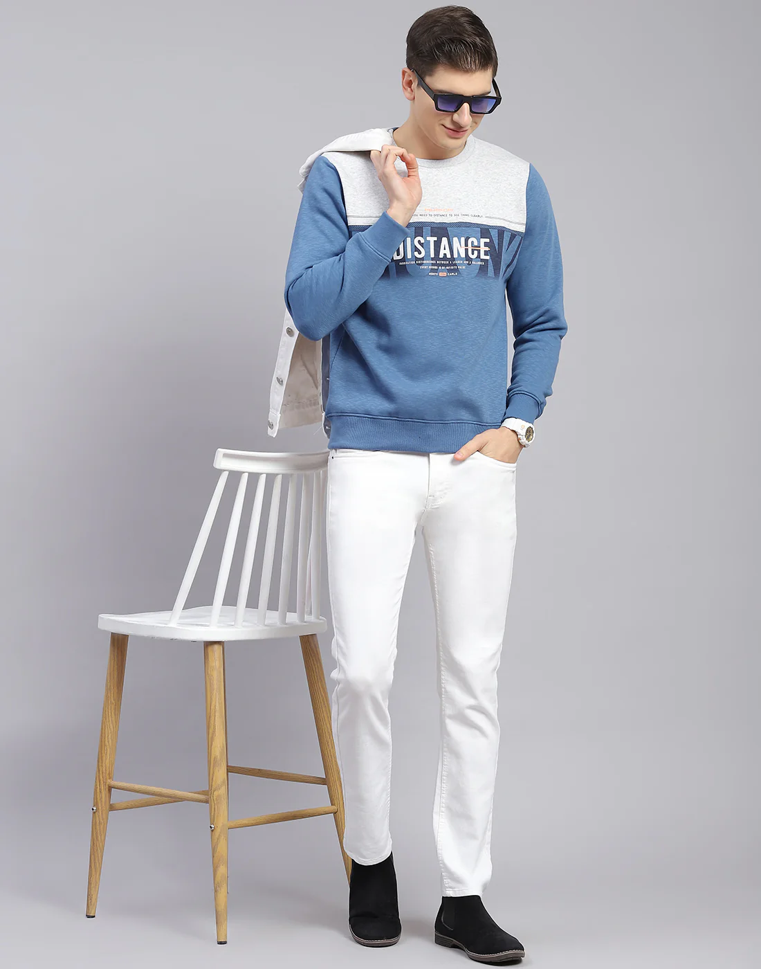 Men Blue Printed Round Neck Full Sleeve Sweatshirt - Image 2