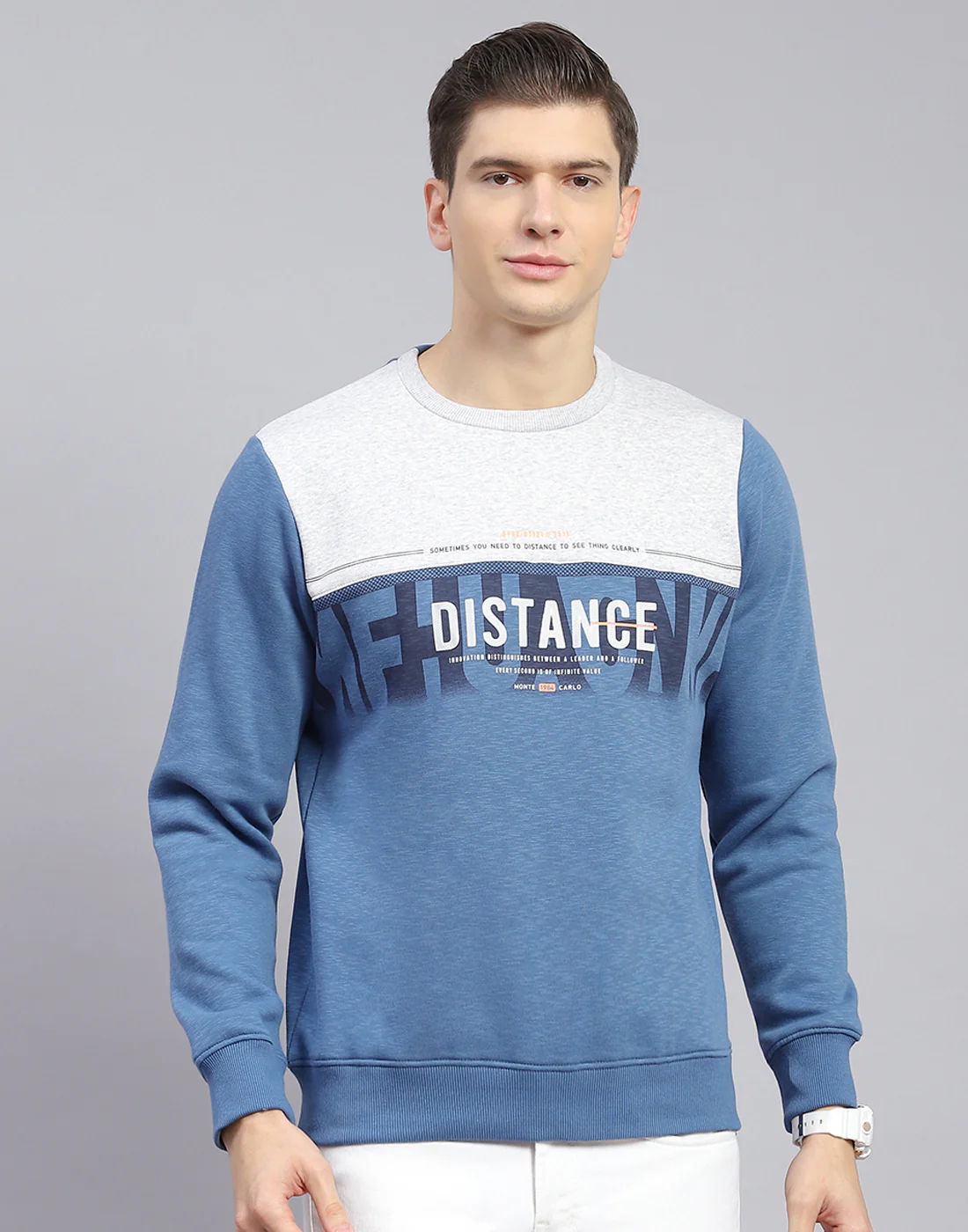 Men Blue Printed Round Neck Full Sleeve Sweatshirt - Image 3