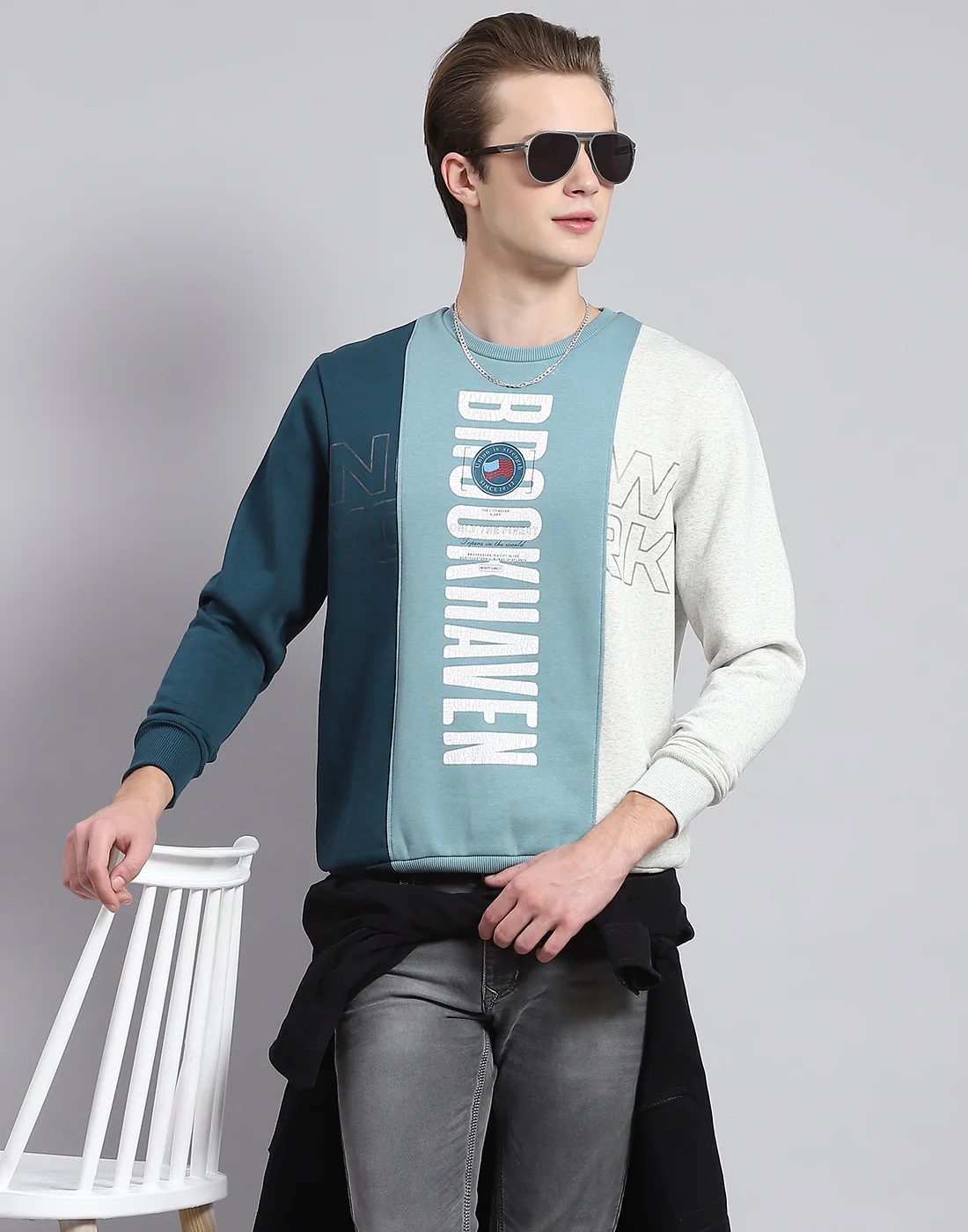 Men Blue Printed Round Neck Full Sleeve Sweatshirt - Image 6