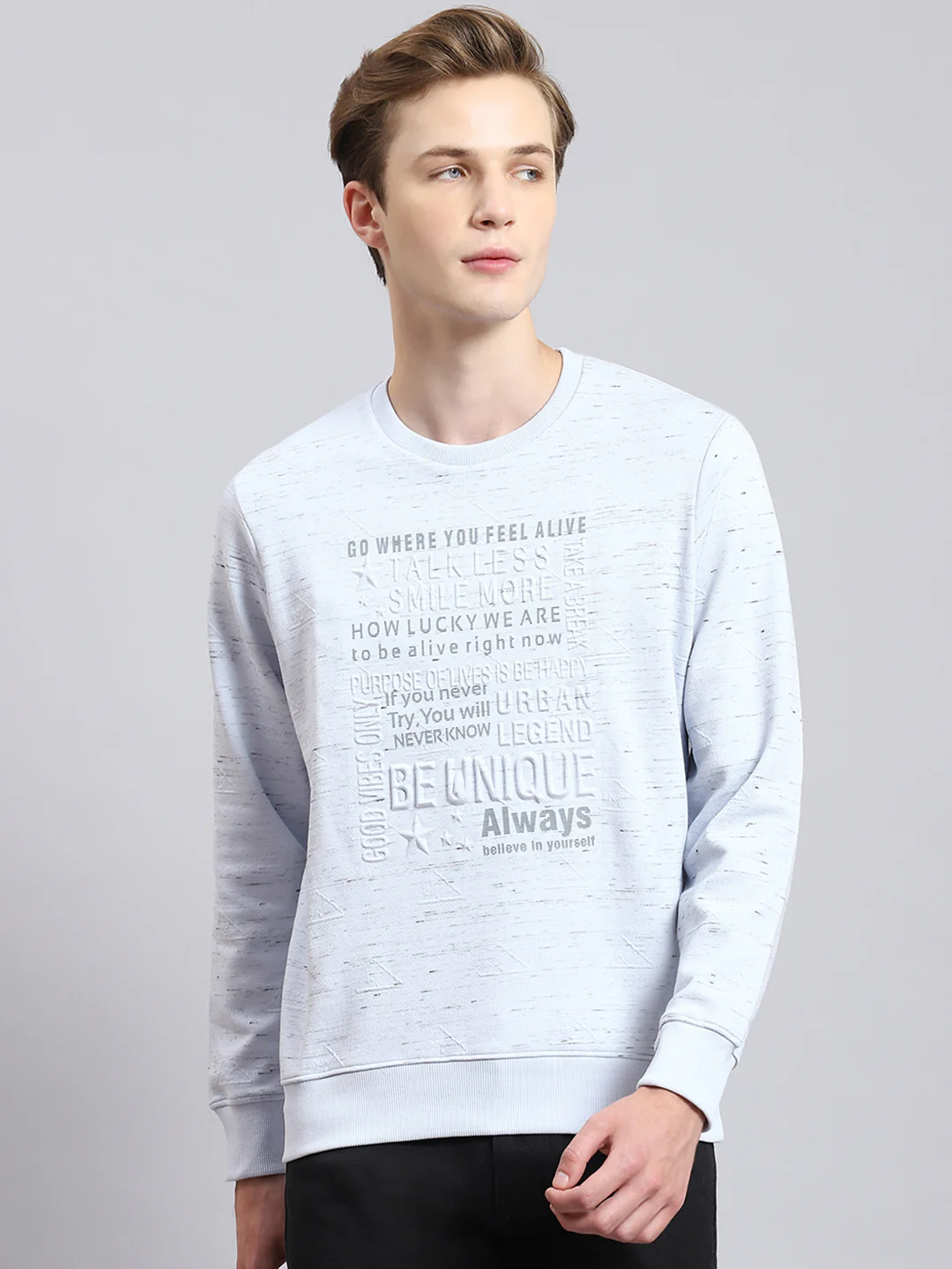 Men Blue Printed Round Neck Full Sleeve Sweatshirt - Image 3