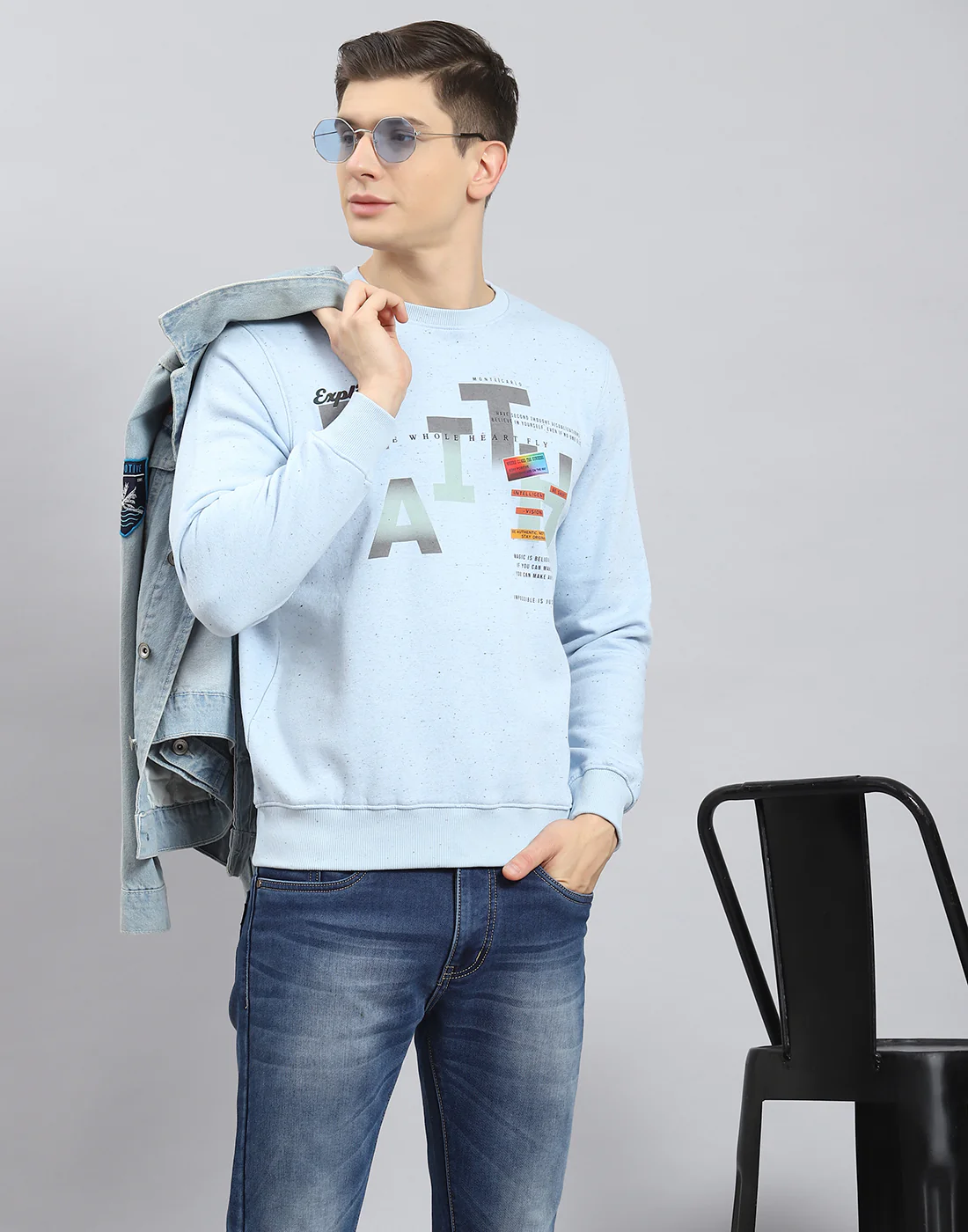 Men Blue Printed Round Neck Full Sleeve Sweatshirt - Image 2