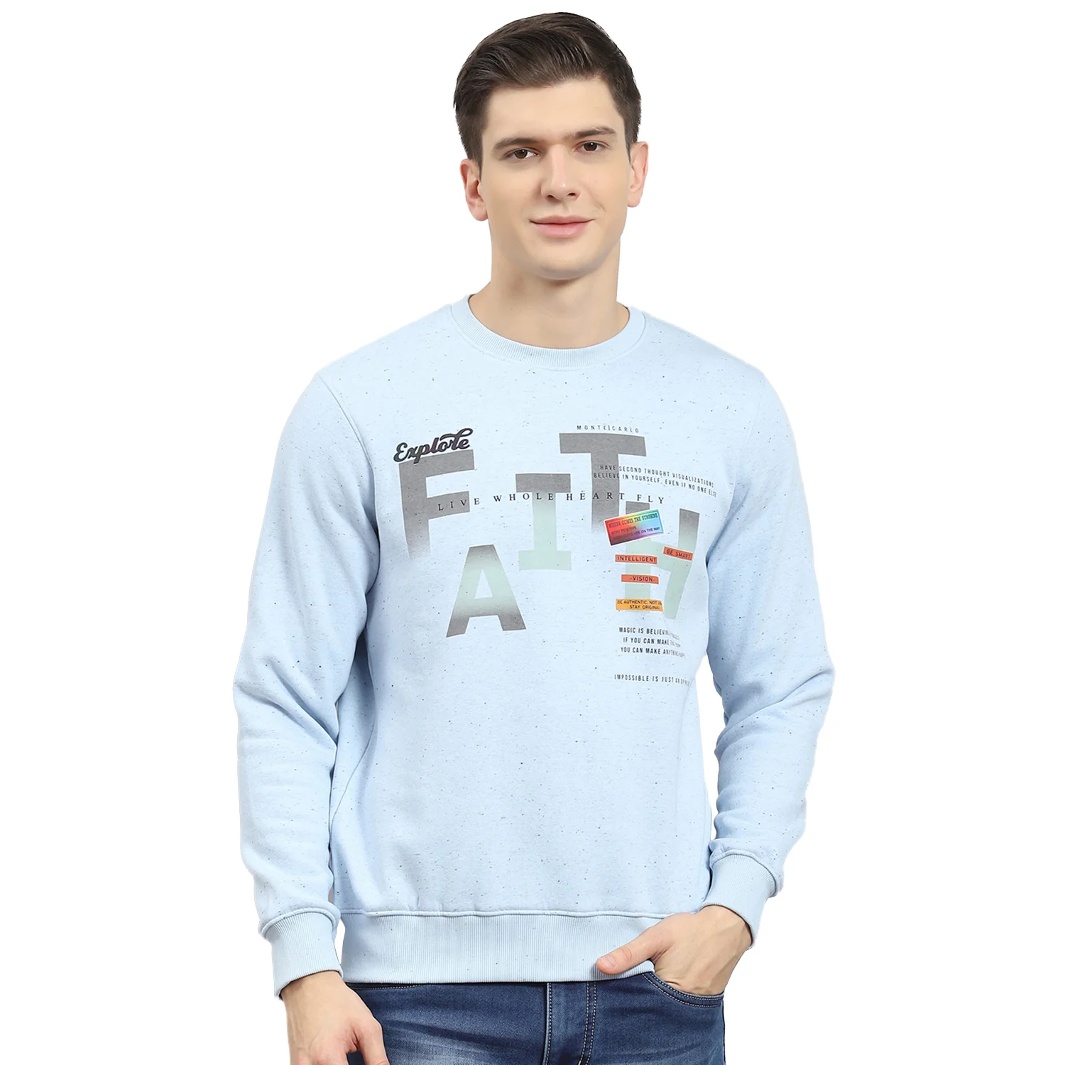 Men Blue Printed Round Neck Full Sleeve Sweatshirt - Image 5