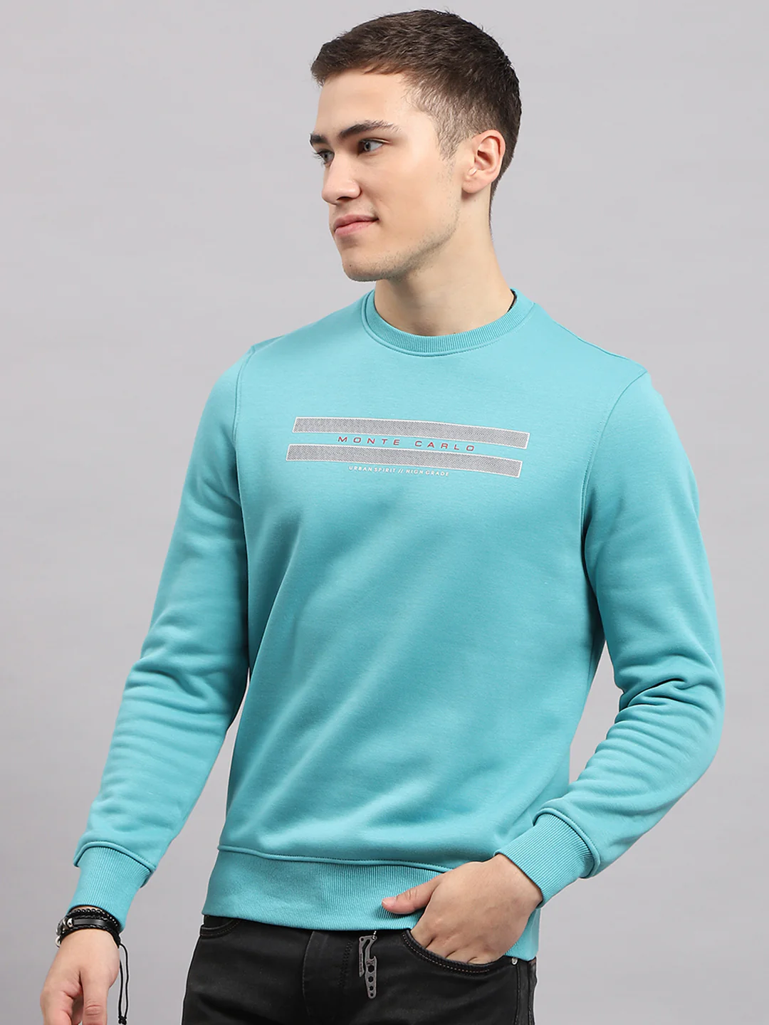 Men Blue Printed Round Neck Full Sleeve Sweatshirt - Image 3