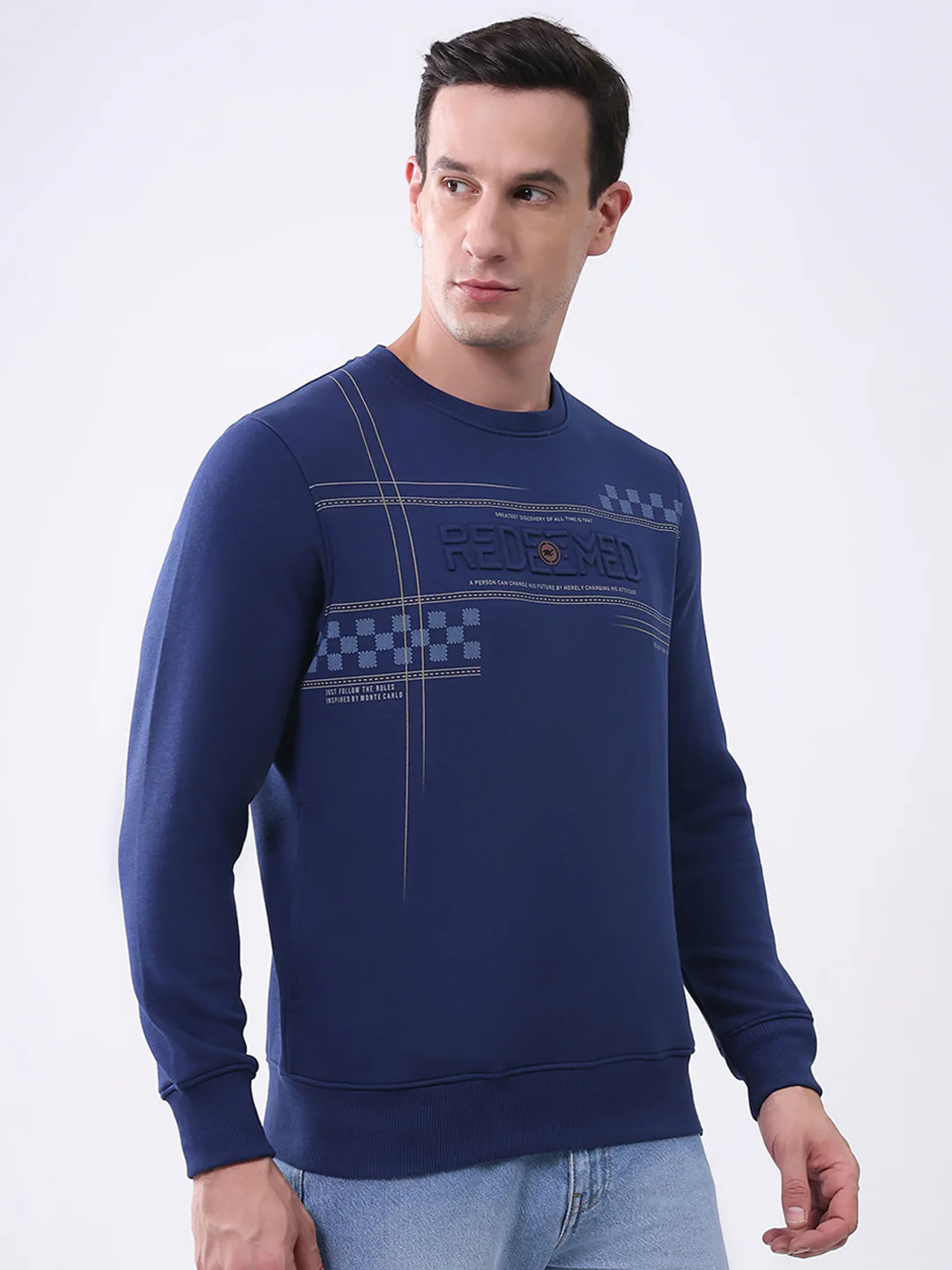 Men Blue Printed Round Neck Full Sleeve Sweatshirt - Image 4