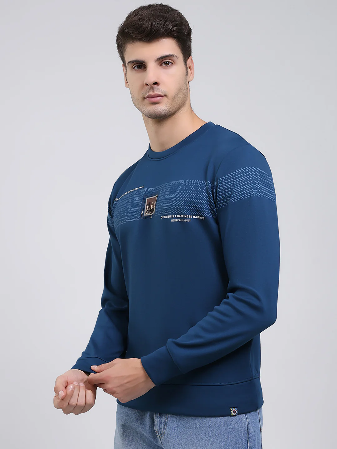 Men Blue Printed Round Neck Full Sleeve Sweatshirt - Image 3
