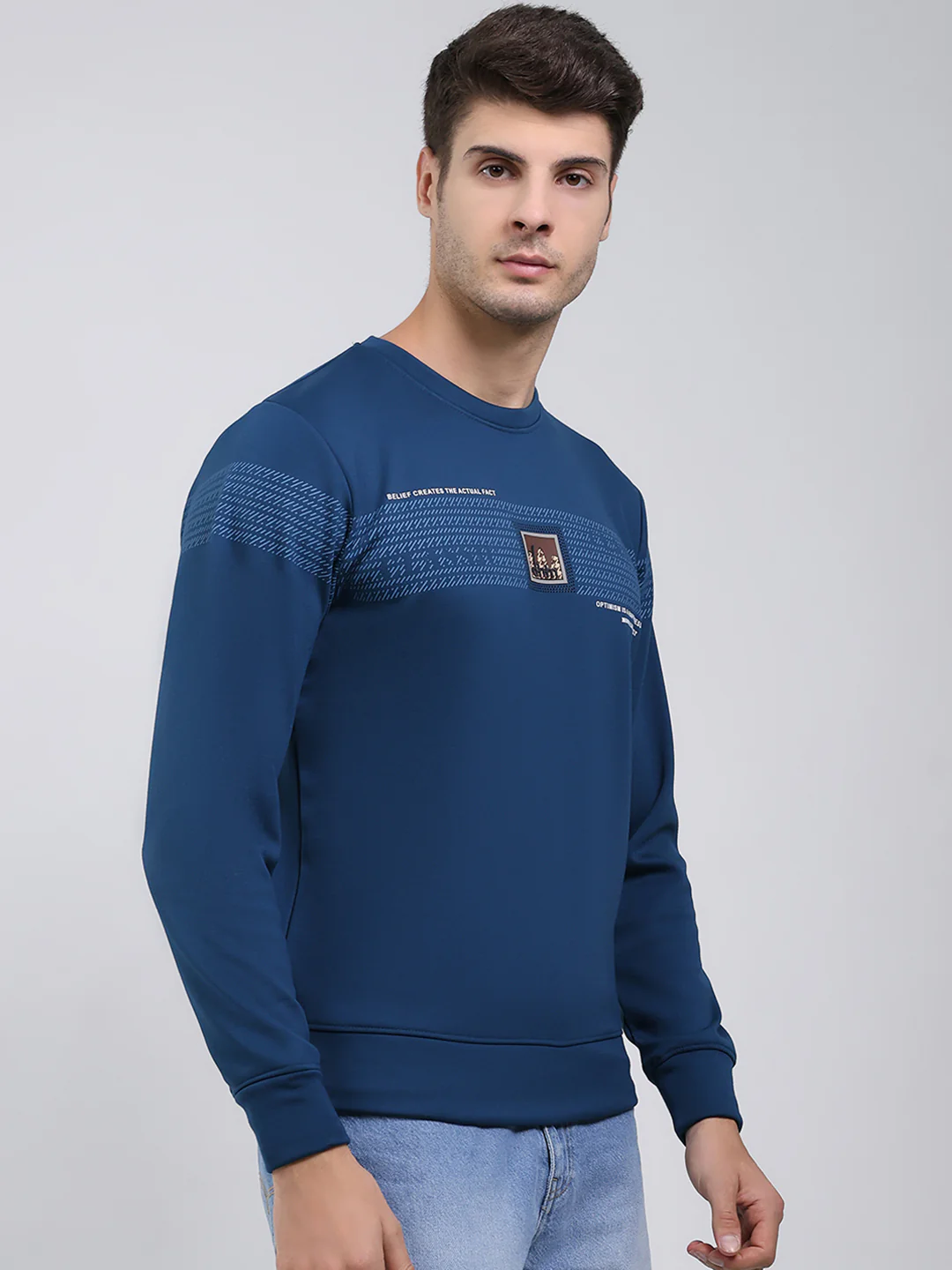 Men Blue Printed Round Neck Full Sleeve Sweatshirt - Image 4