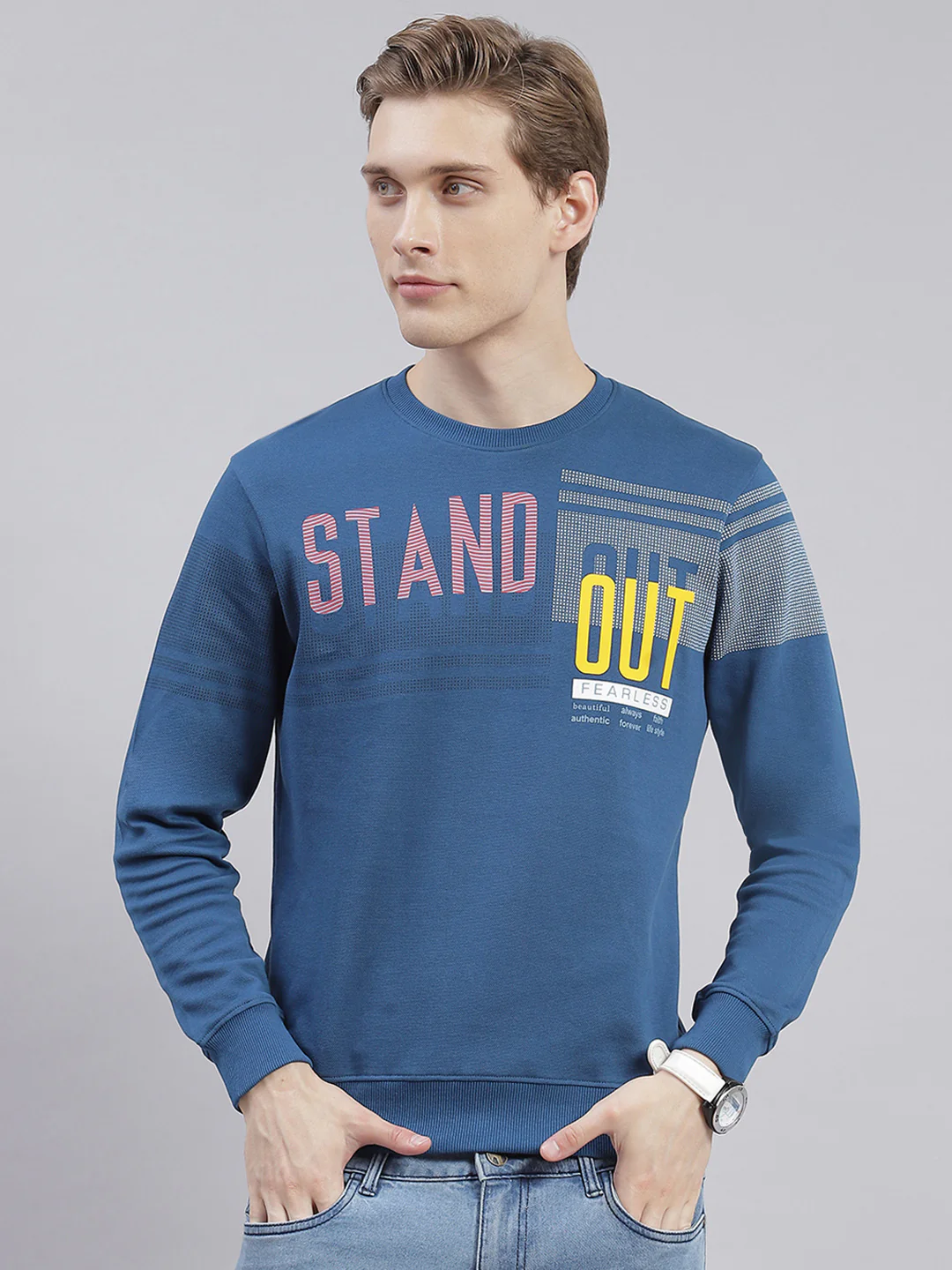 Men Blue Printed Round Neck Full Sleeve Sweatshirts - Image 2