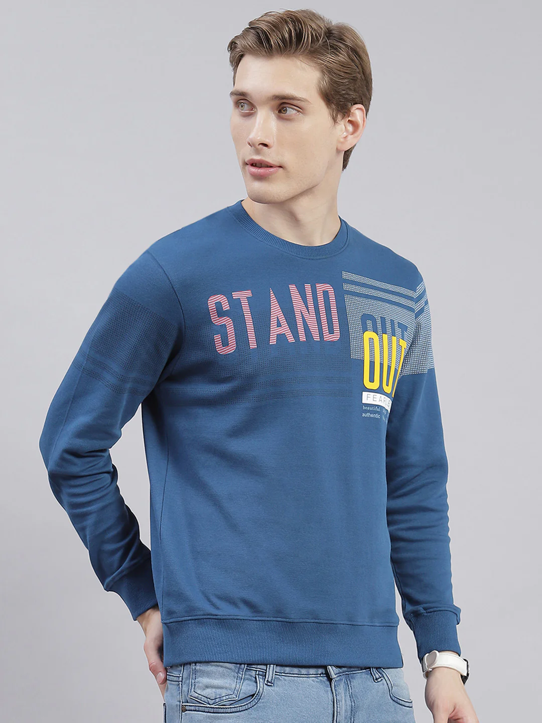 Men Blue Printed Round Neck Full Sleeve Sweatshirts - Image 4
