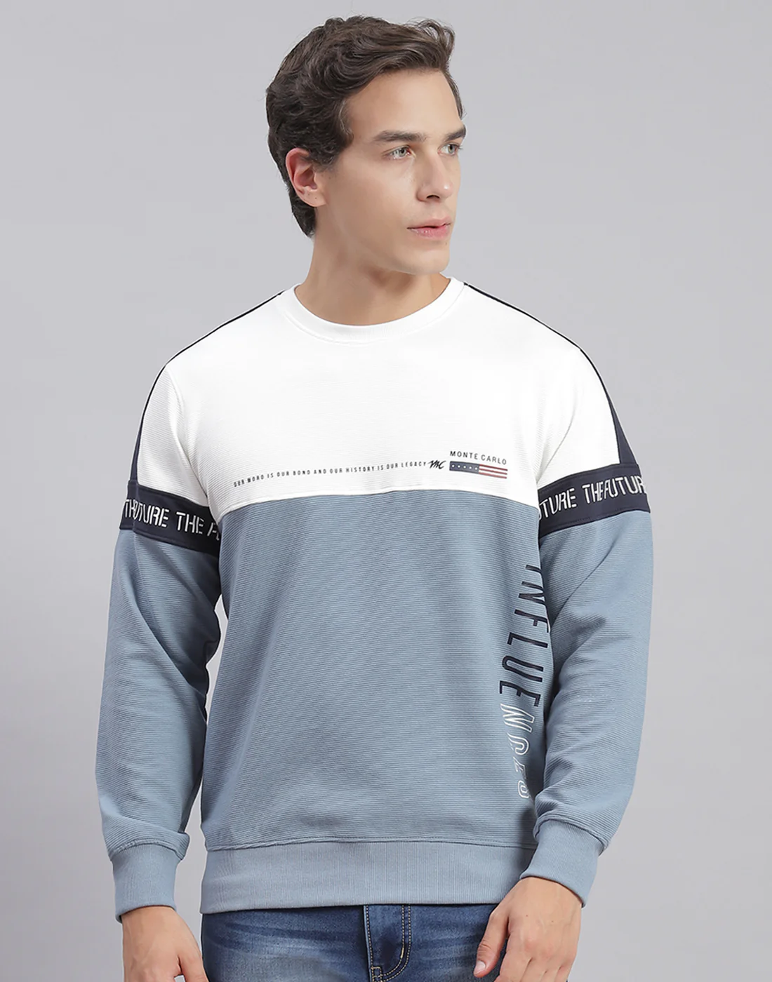 Men Blue Printed Round Neck Full Sleeve Sweatshirts - Image 2