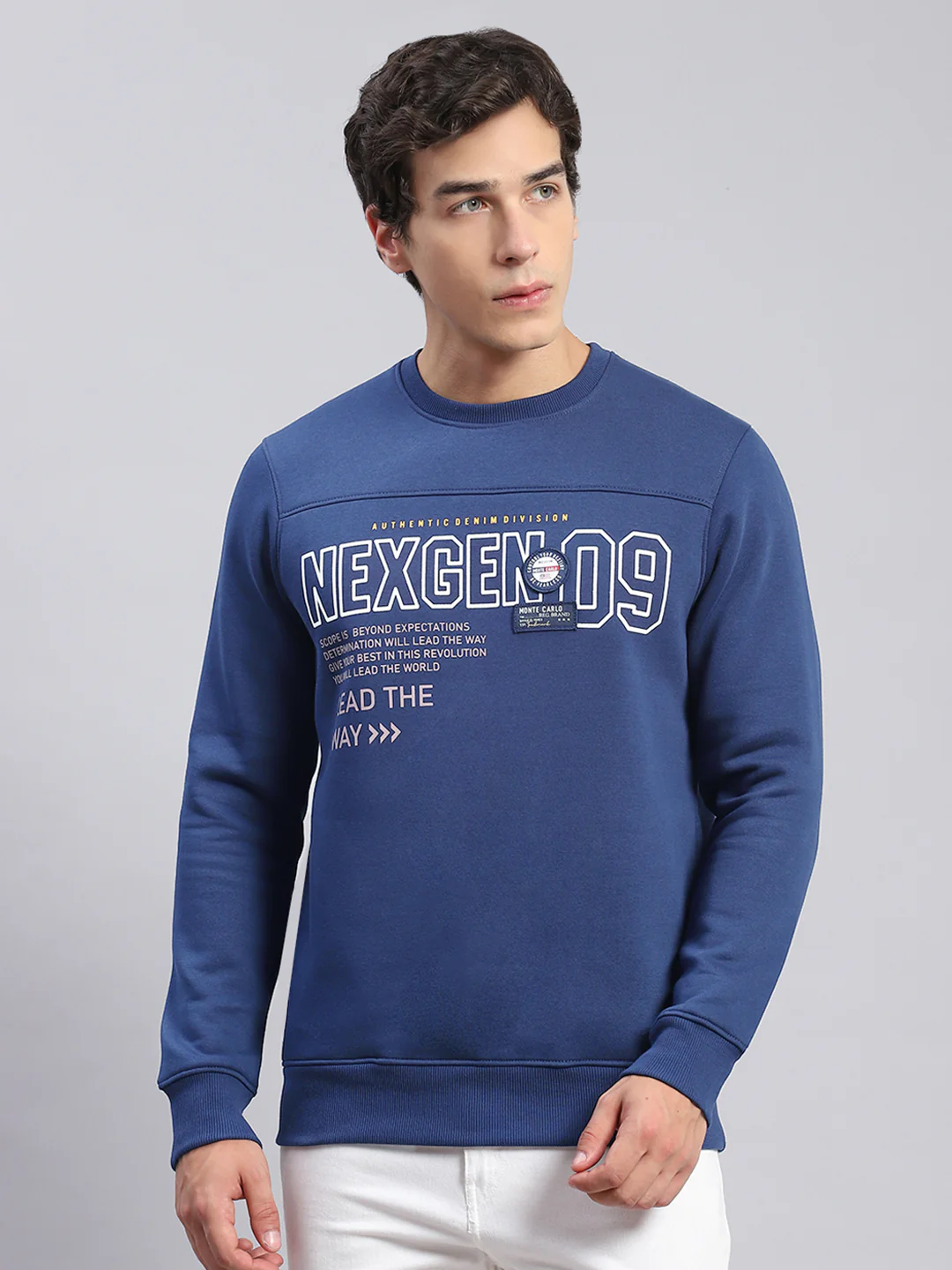 Men Blue Printed Round Neck Full Sleeve Sweatshirts - Image 4