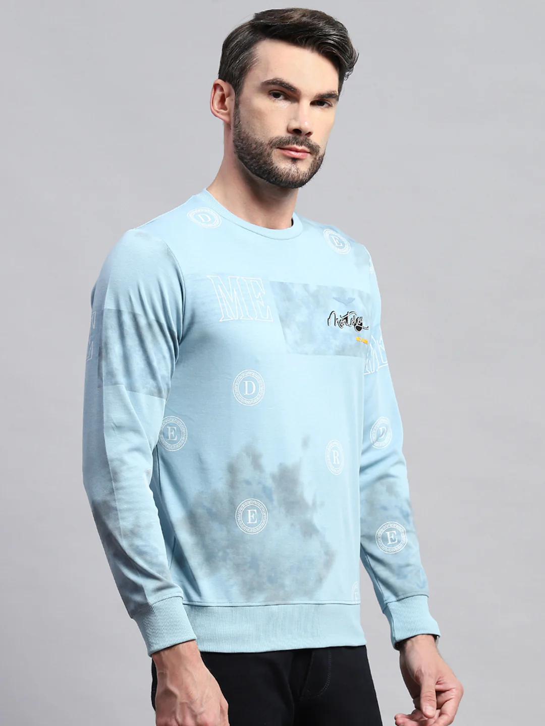 Men Blue Printed Round Neck Full Sleeve T-Shirt - Image 4