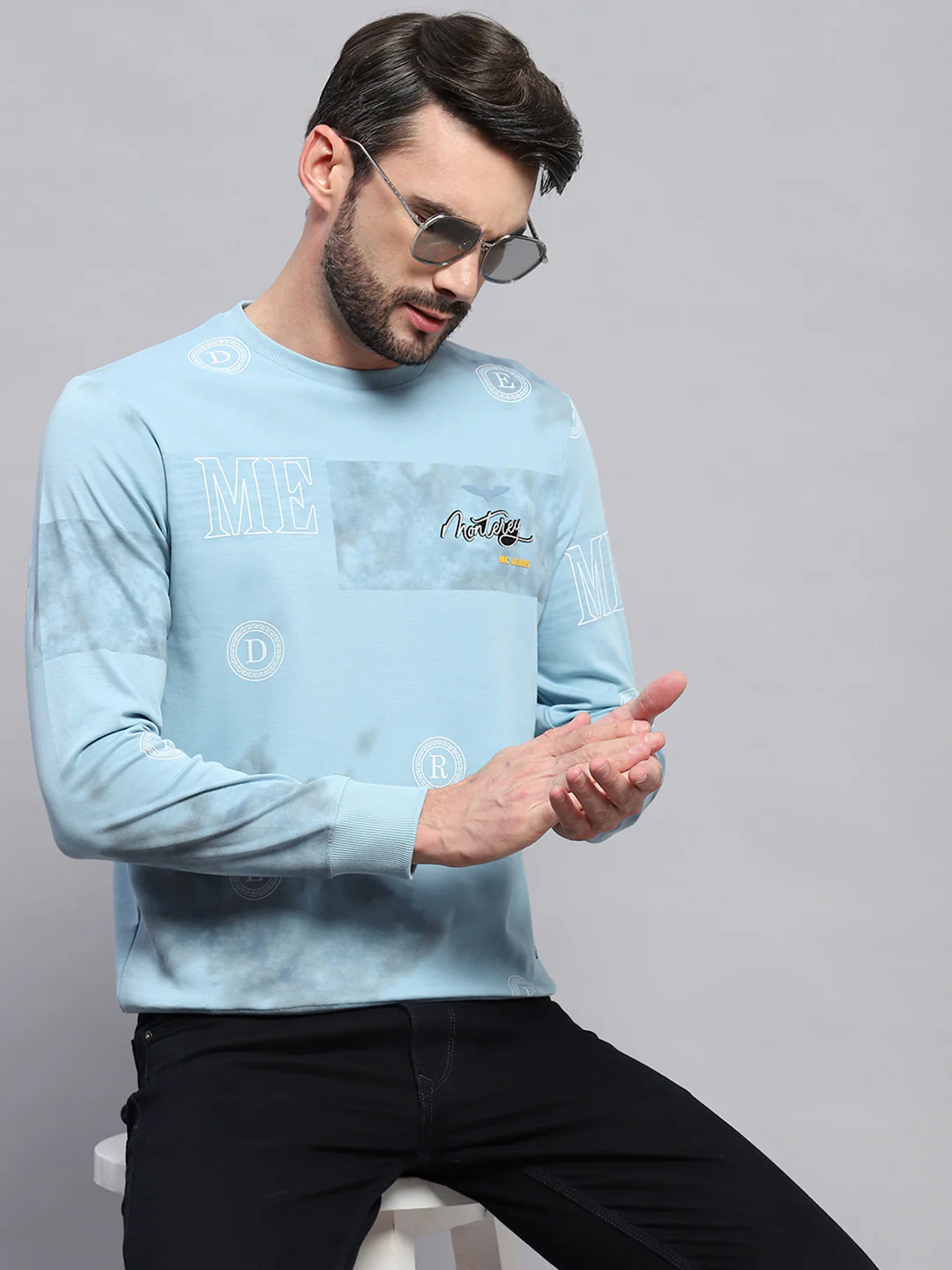 Men Blue Printed Round Neck Full Sleeve T-Shirt - Image 6