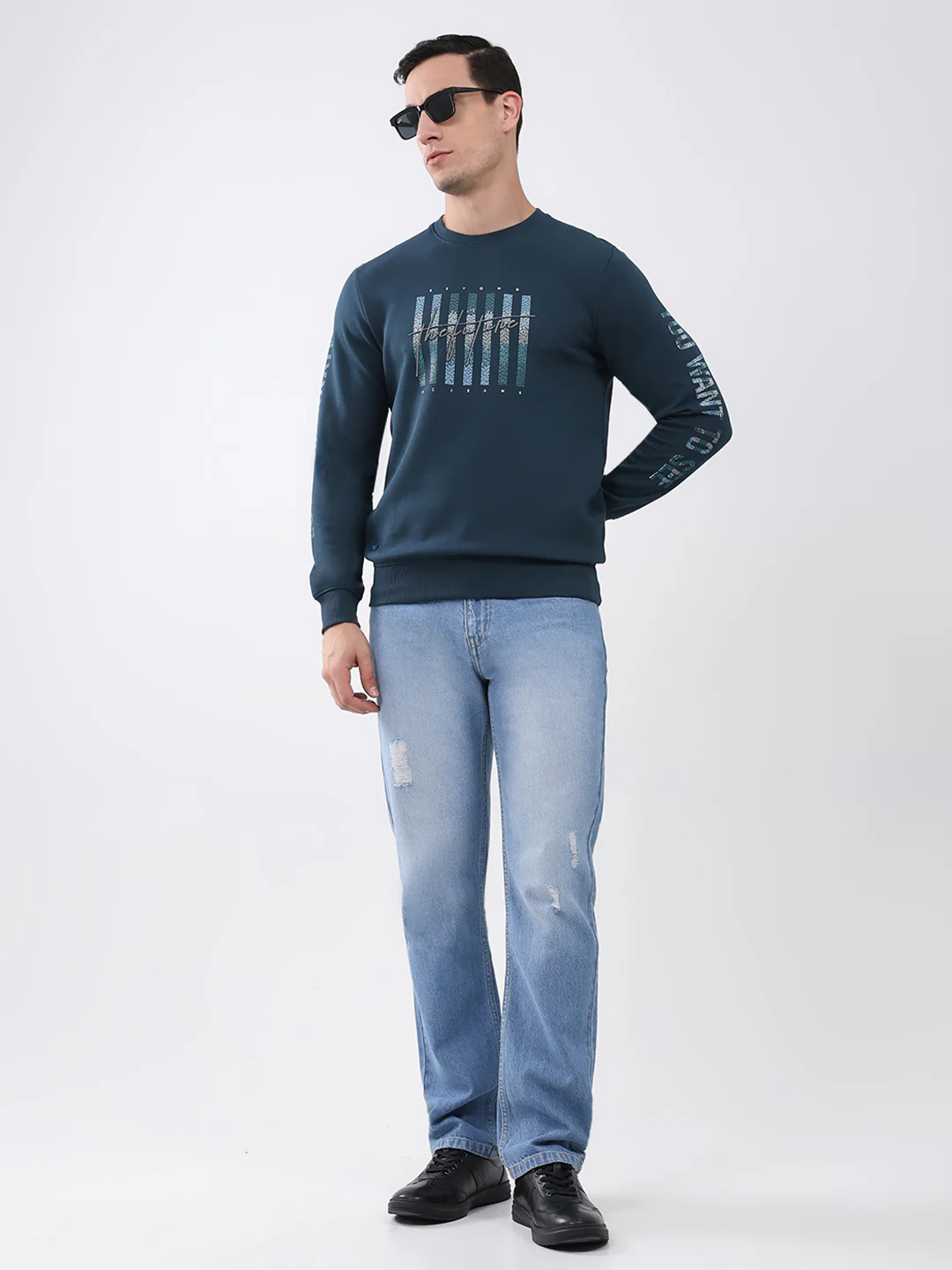 Men Blue Printed Round Neck Full Sleeve Winter T-Shirt - Image 2