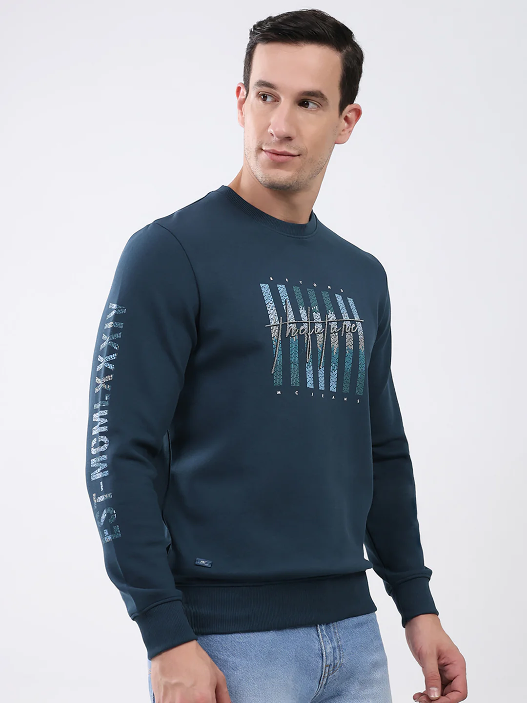 Men Blue Printed Round Neck Full Sleeve Winter T-Shirt - Image 4