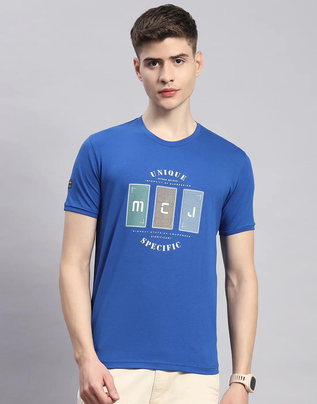 Men Blue Printed Round Neck Half Sleeve T-Shirt - Image 3