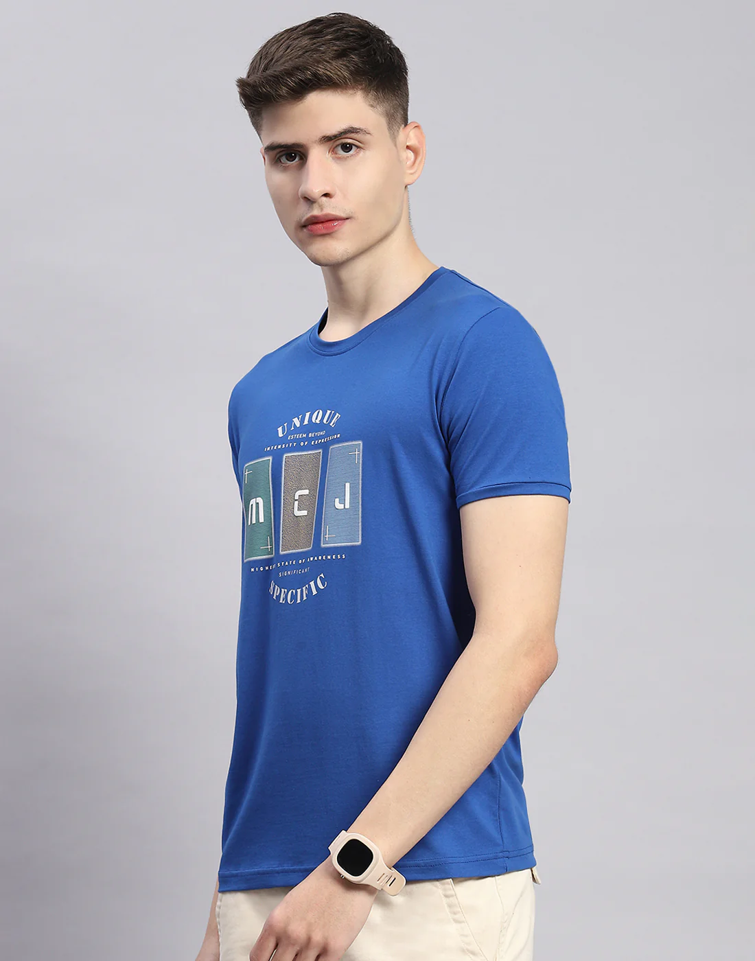 Men Blue Printed Round Neck Half Sleeve T-Shirt - Image 4