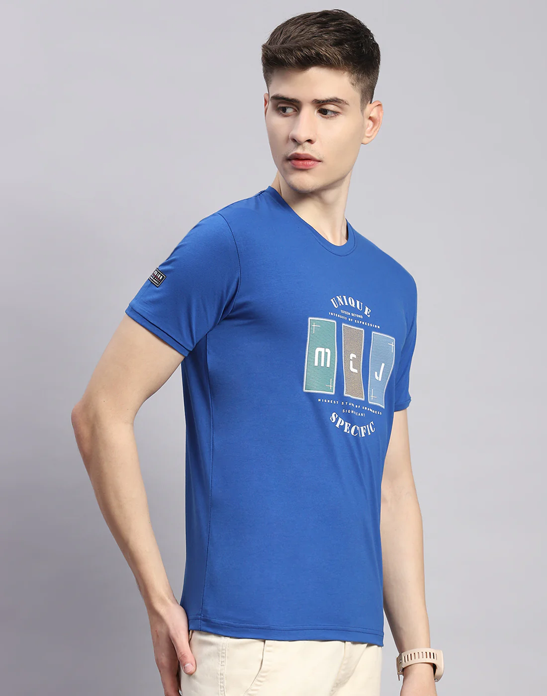 Men Blue Printed Round Neck Half Sleeve T-Shirt - Image 5