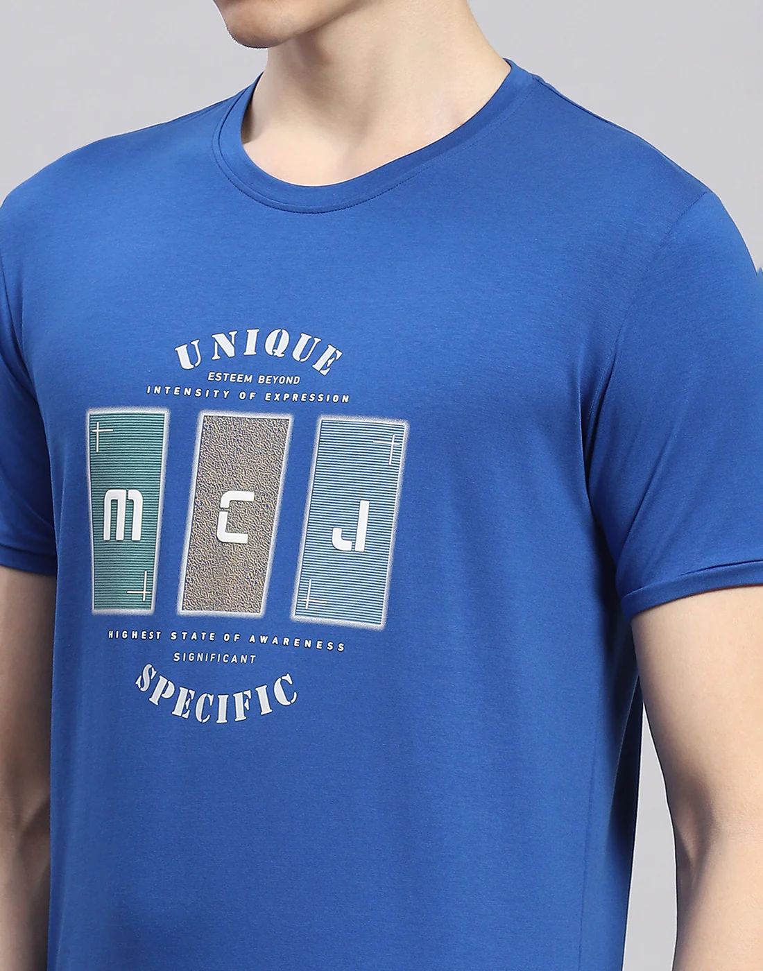 Men Blue Printed Round Neck Half Sleeve T-Shirt - Image 7