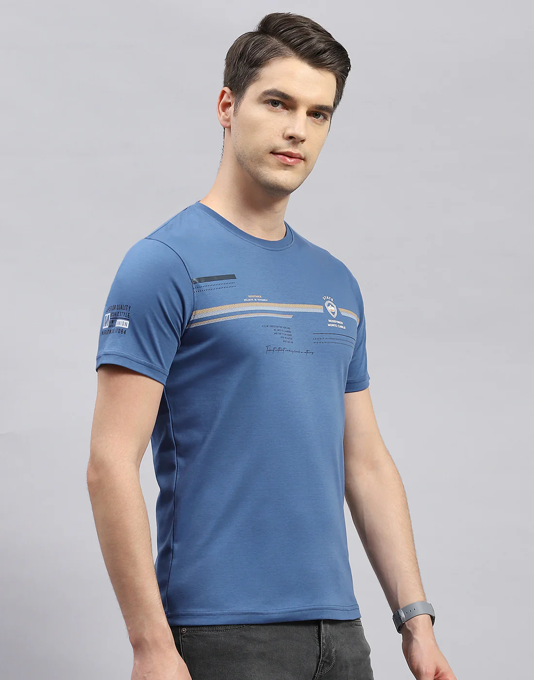 Men Blue Printed Round Neck Half Sleeve T-Shirt - Image 4
