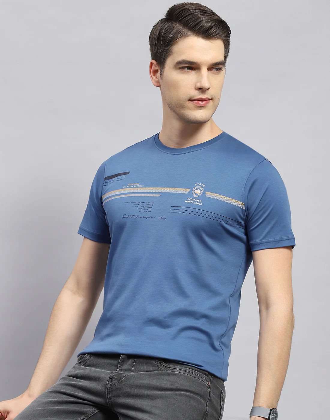 Men Blue Printed Round Neck Half Sleeve T-Shirt - Image 6