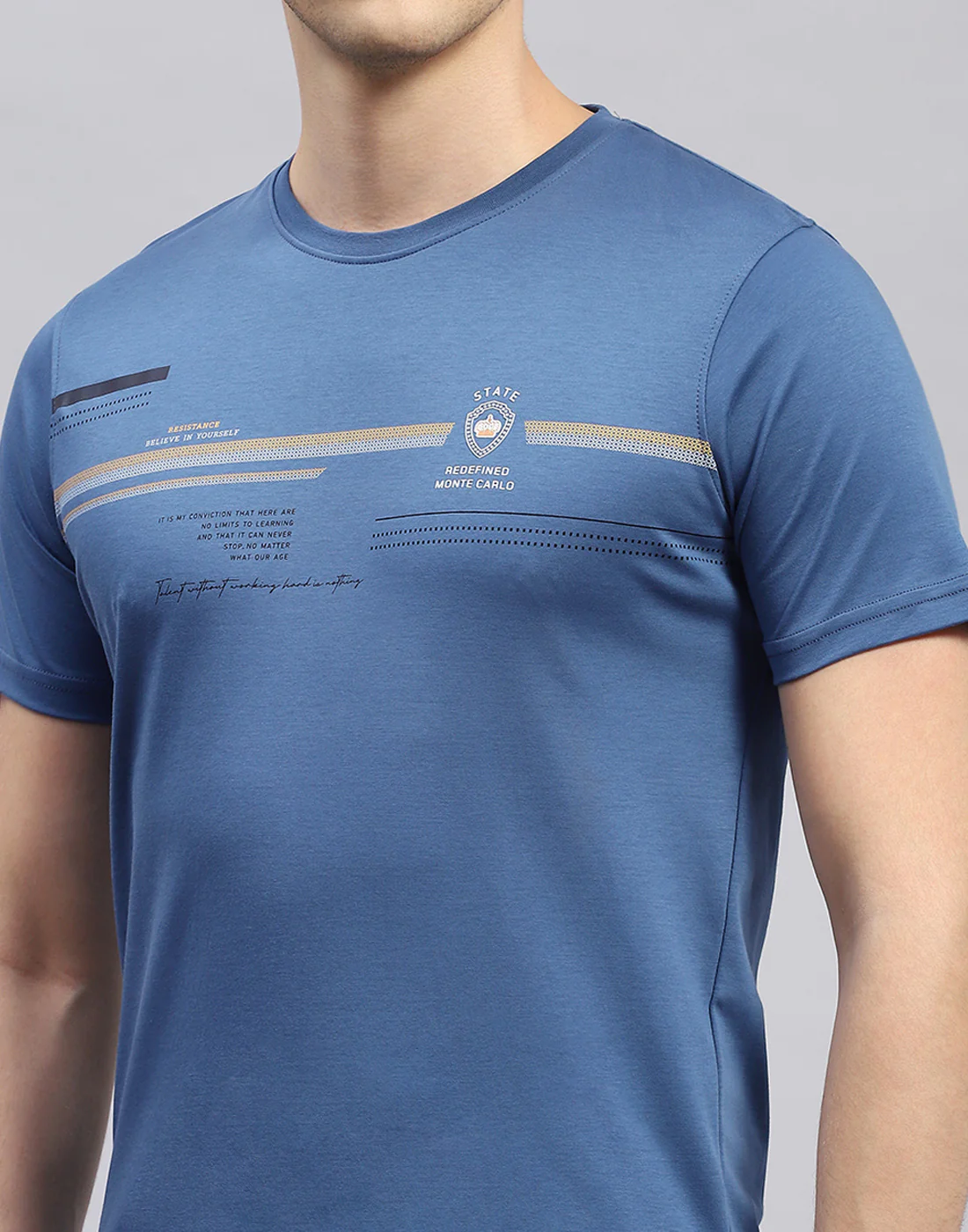 Men Blue Printed Round Neck Half Sleeve T-Shirt - Image 7