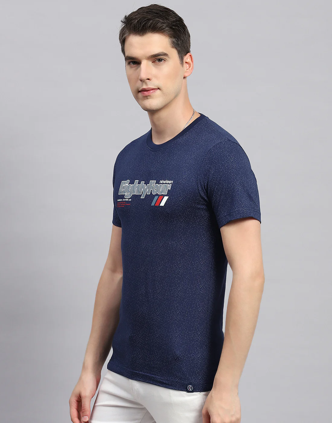 Men Blue Printed Round Neck Half Sleeve T-Shirt - Image 3
